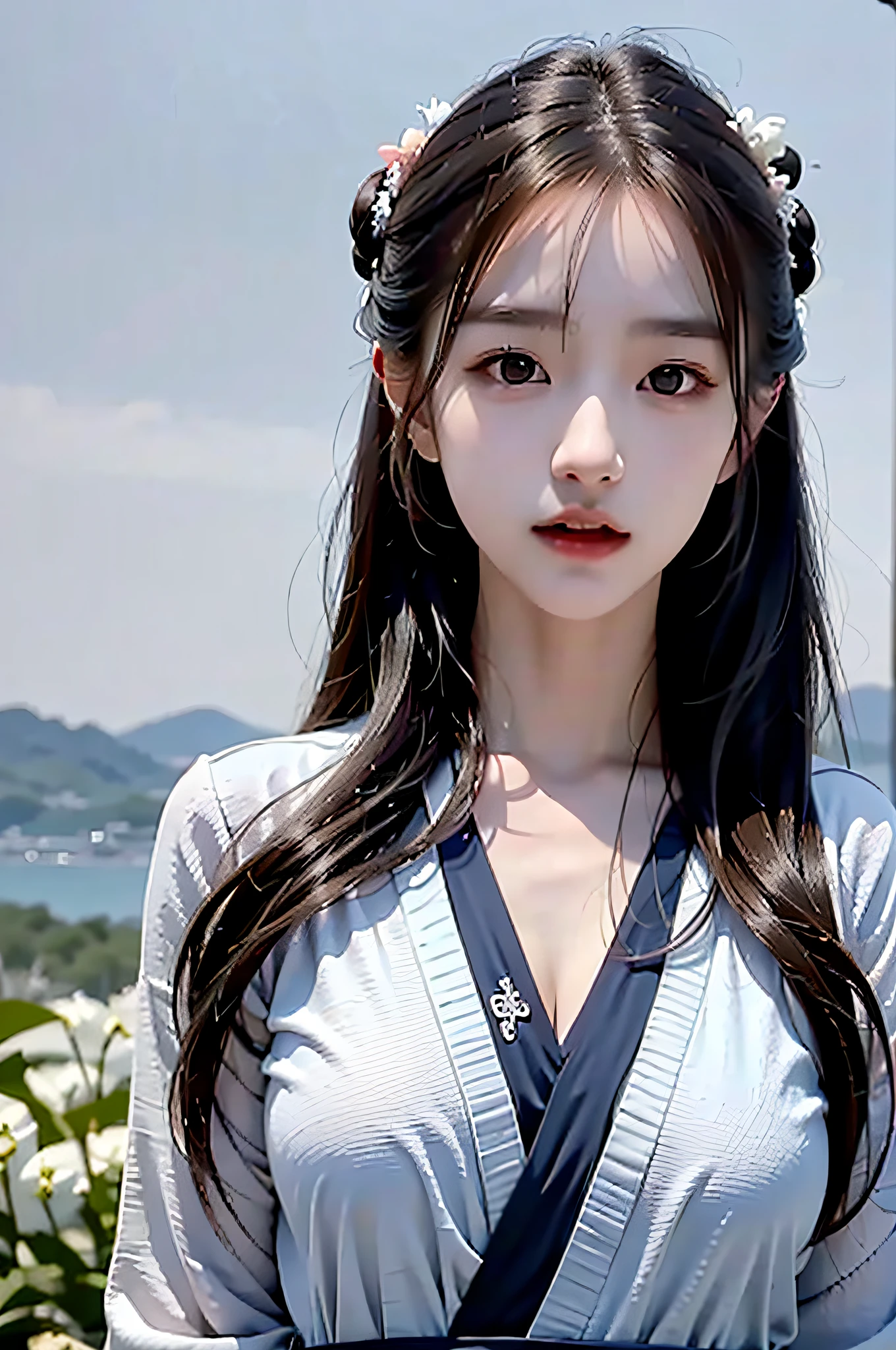 （Hyperrealistic,）4K,35mm,cinematography，super high details, Professional lighting, Best quality, Super high resolution, Visually stunning, (1girls:1.3), (dark blue theme:1.2), Light gray background, Deep blue, Wuxia,Chinese style,Hanfu,Bright wind,realskin,