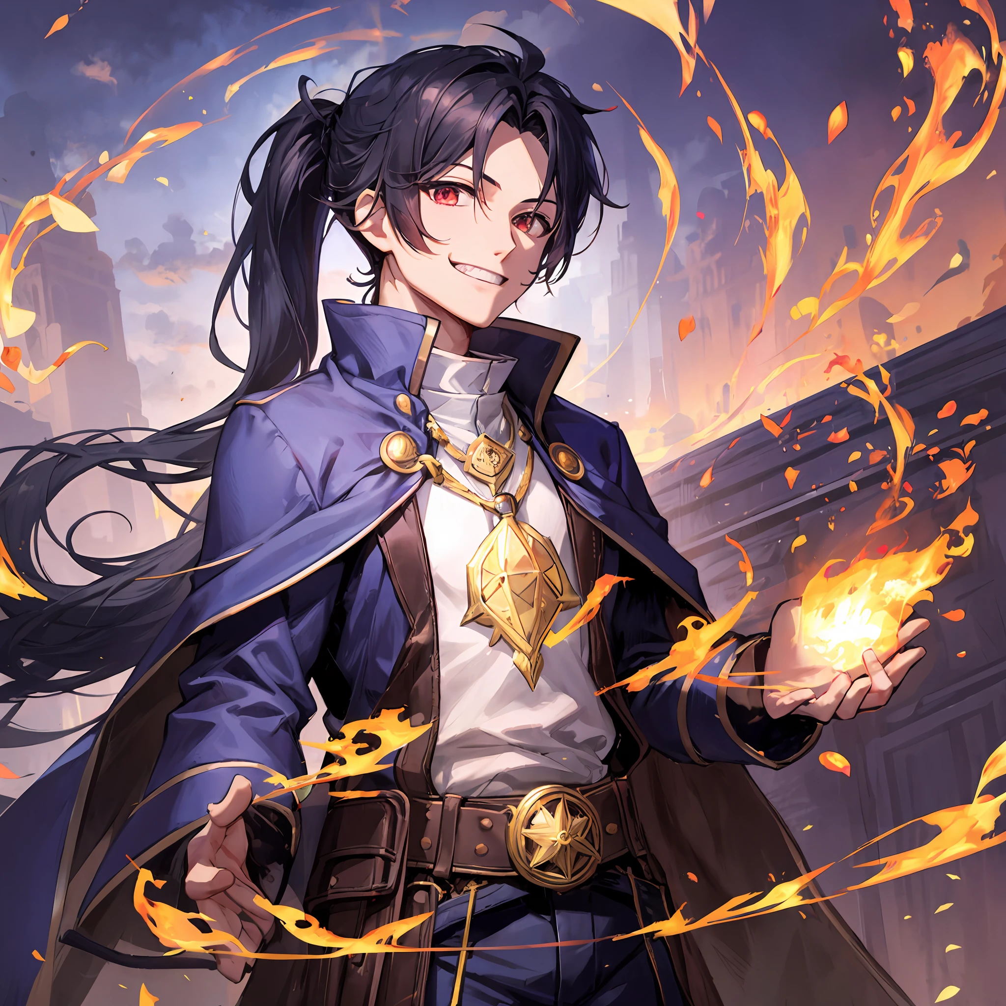 1 cool boy, male focus, TUNIC, belt, pants, Long Muffler, Great mage fire magic, Outdoors, solo, (three-point landing), A nihilistic smile, teeth, fine hair, Black hair with a reddish tinge, ponytail, day, best Quality, row photo, real person,