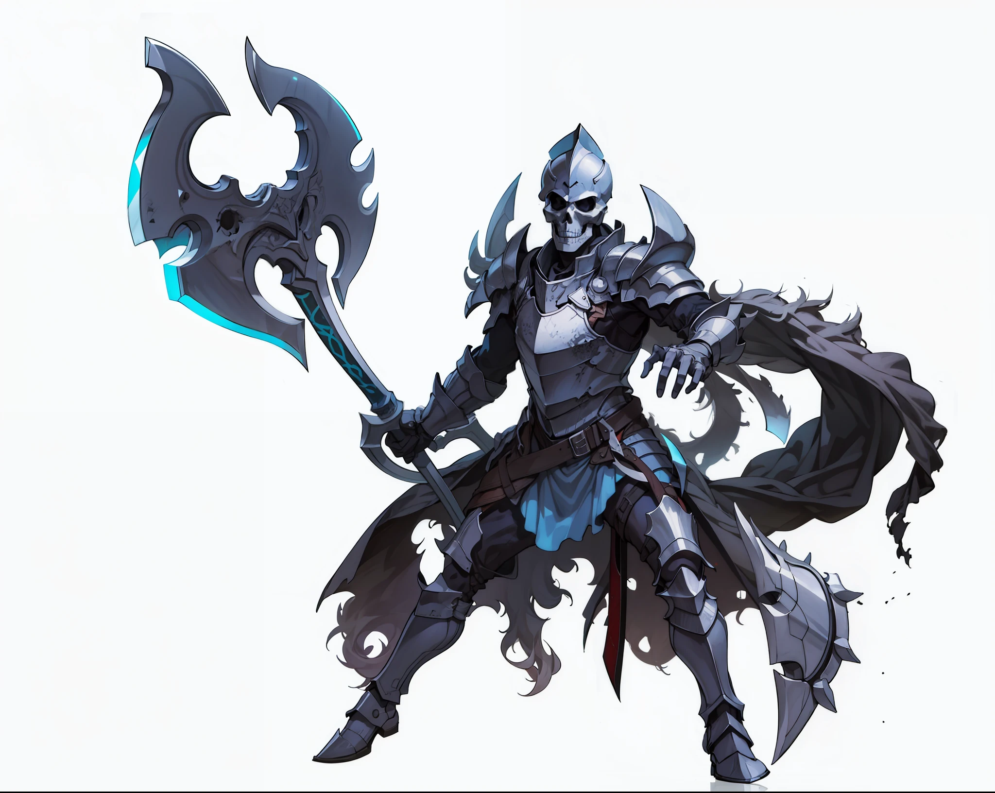 Knight man with skull helmet dressed in gothic black armor holding a large axe