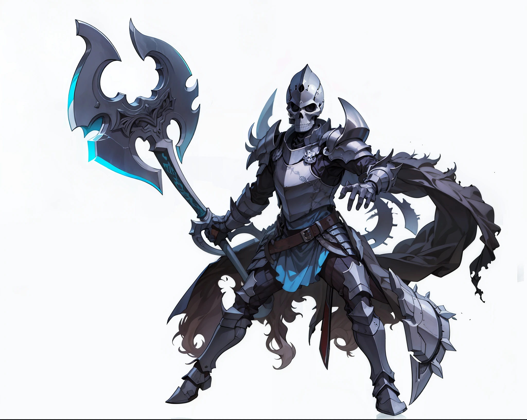 Knight man with skull helmet dressed in gothic black armor holding a large axe