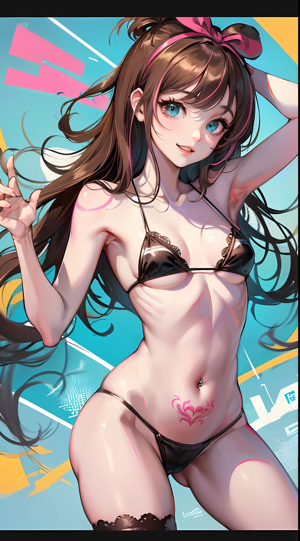 (Best quality, 8k, 32k, Masterpiece, UHD:1.2), kizuna ai, small ,long hair, brown hair, multicolored hair, hair tied, pink hairband, pink highlights, streaked hair, smiling, blue eyes, micro bikini, navel piercing, tattoo on stomach, tattoo on chest