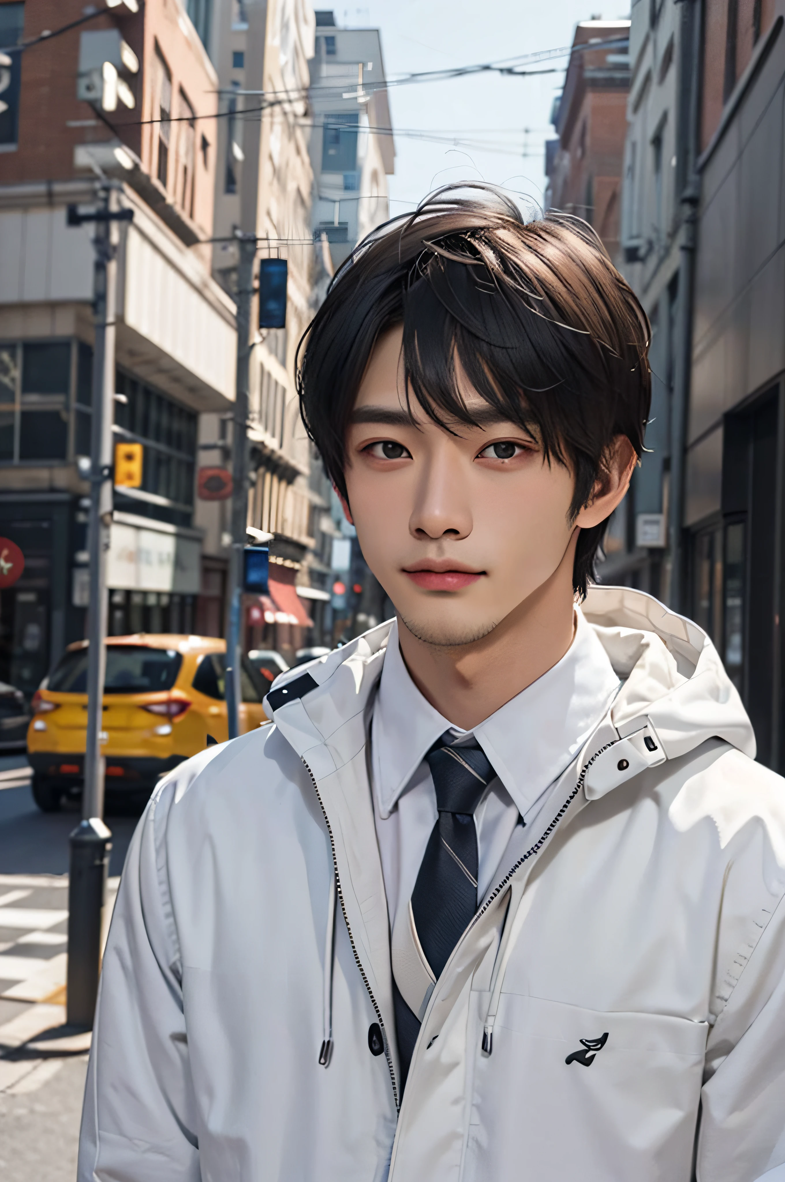 1boy, masterpiece, photorealistic, black short hair, dark brown eyes, handsome, asian, outdoor, white shirt, tie, black coat