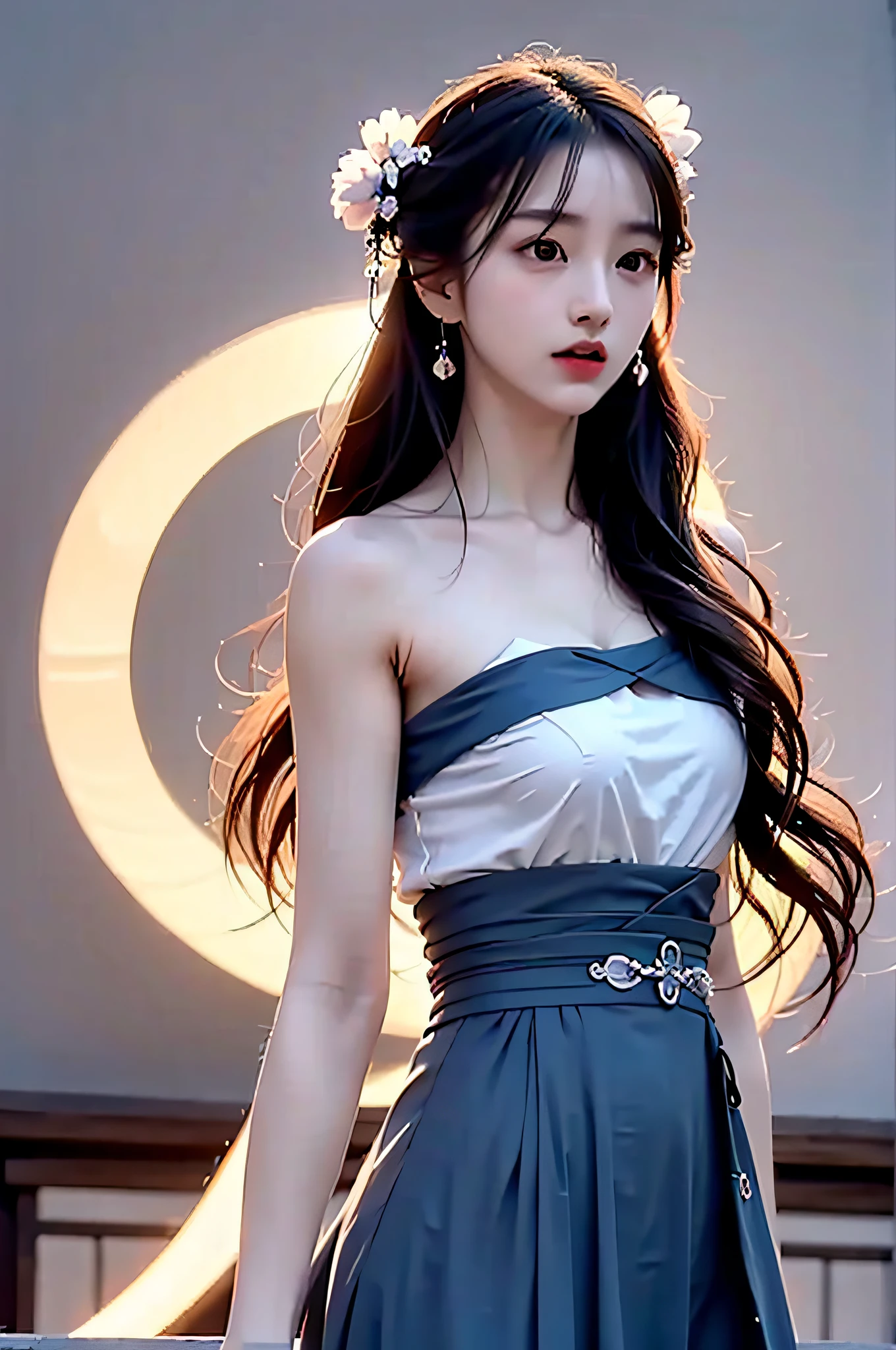 （Hyperrealistic,）4K,35mm,cinematography，super high details, Professional lighting, Best quality, Super high resolution, Visually stunning, (1girls:1.3), (dark blue theme:1.2), Light gray background, Deep blue, Wuxia,Chinese style,Hanfu,Bright wind,realskin,