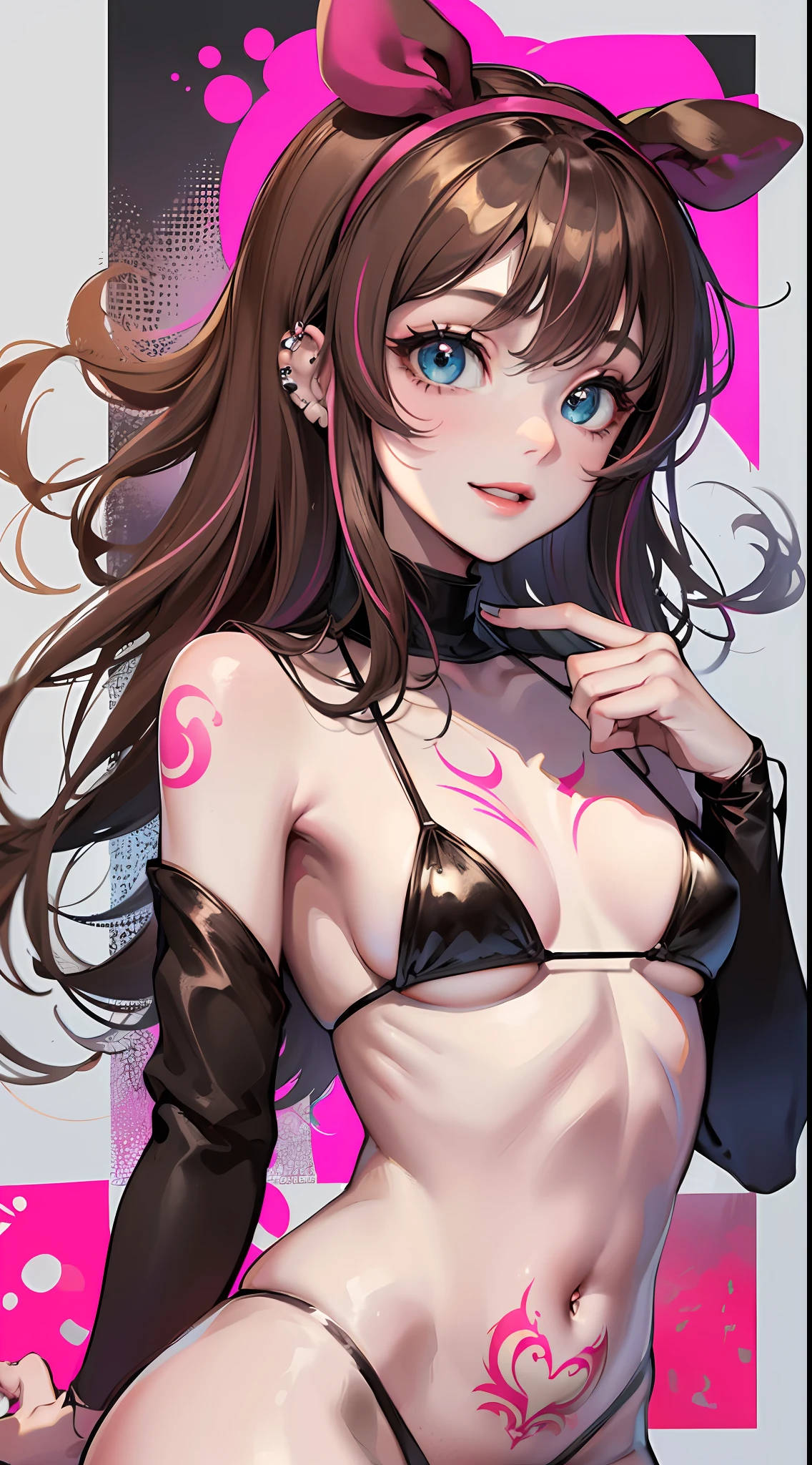 (Best quality, 8k, 32k, Masterpiece, UHD:1.2), kizuna ai, small breasts,long hair, brown hair, multicolored hair, hair tied, pink hairband, pink highlights, streaked hair, smiling, blue eyes, micro bikini, navel piercing, tattoo on stomach, tattoo on chest