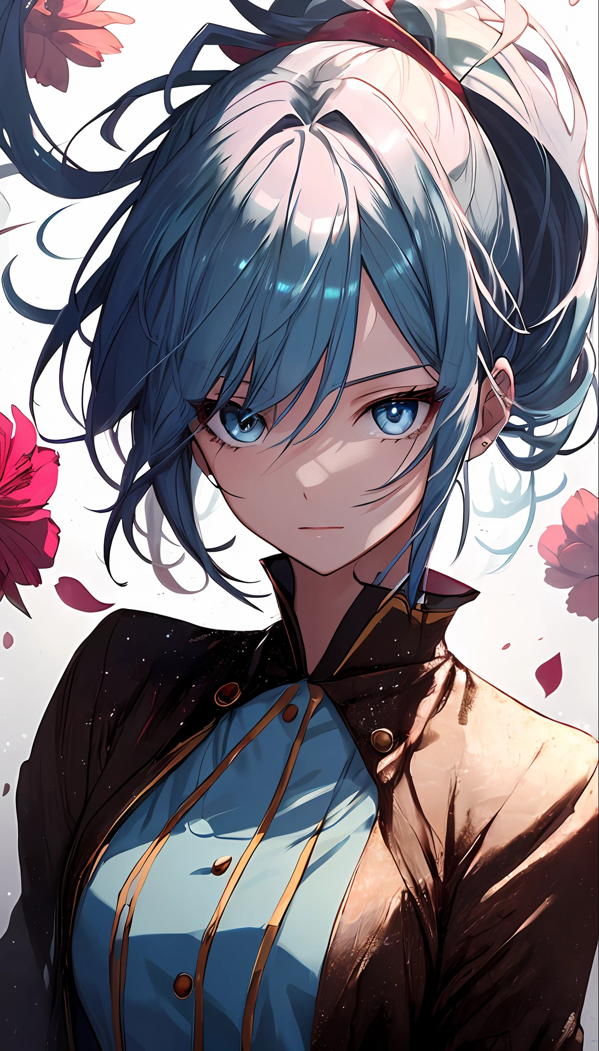 (masterpiece), (best quality), (ultra detailed),(disheveled hair),(illustration), (1girl), (Fashionable clothing), standing, Fashion model, looking at viewer, (interview), (simple background),beautiful detailed eyes, delicate beautiful face, Floating,(high saturation),(colorful splashes),colorful bubble,(shining), focus on face, ponytail, kamisato ayaka, light blue hair, bangs, hair ring, floating flowers, floating hairs, (shining), best lighting, best shadow,