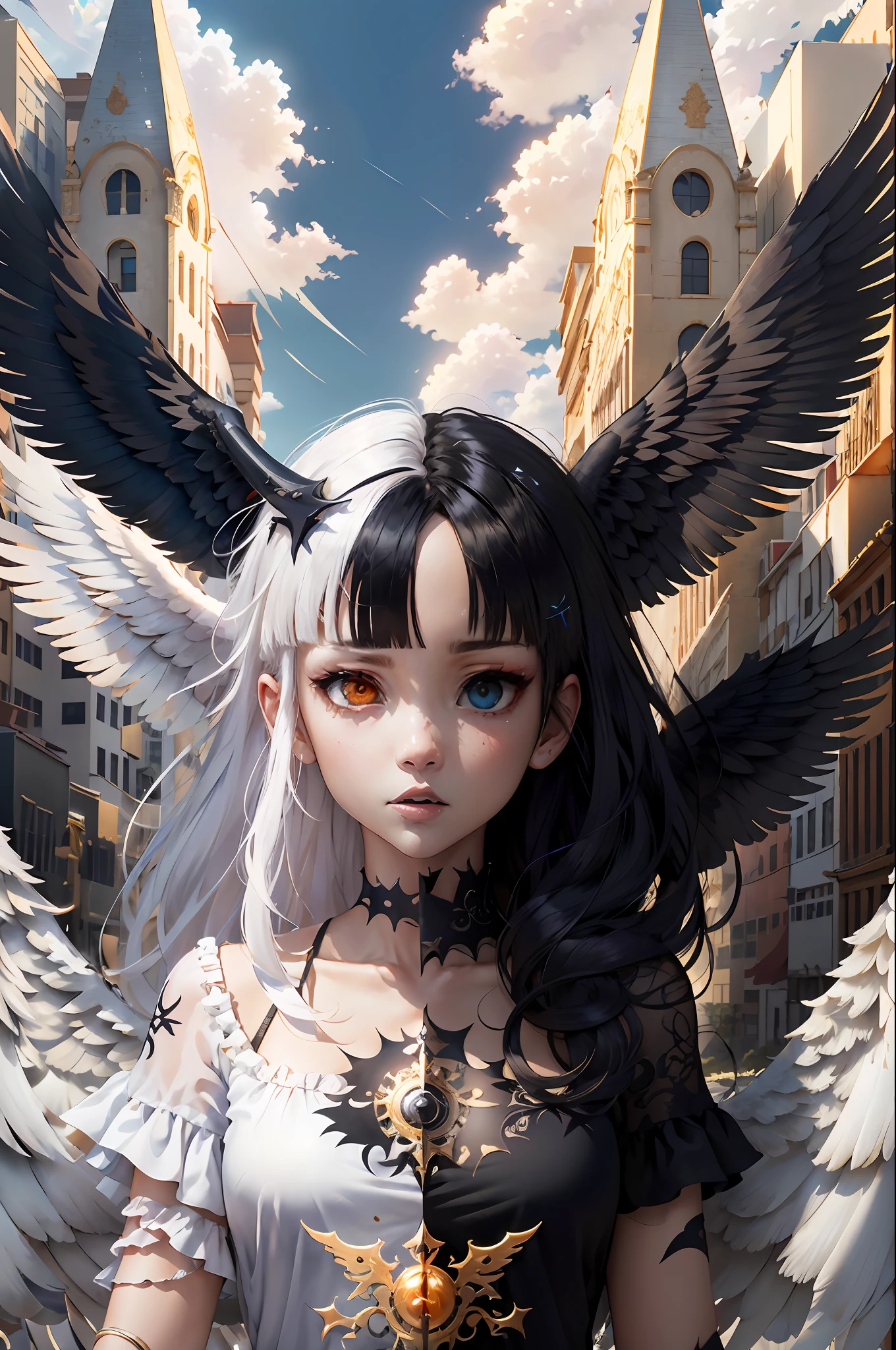 (masutepiece:1.3),(Best quality:1.2),8K,absurderes,unity 8k wallpapper,(Extremely detailed:1.3),highest grade,
1girl in, ,Heterochromia, White hair, Black hair, split theme, Angel,devil,Wings,