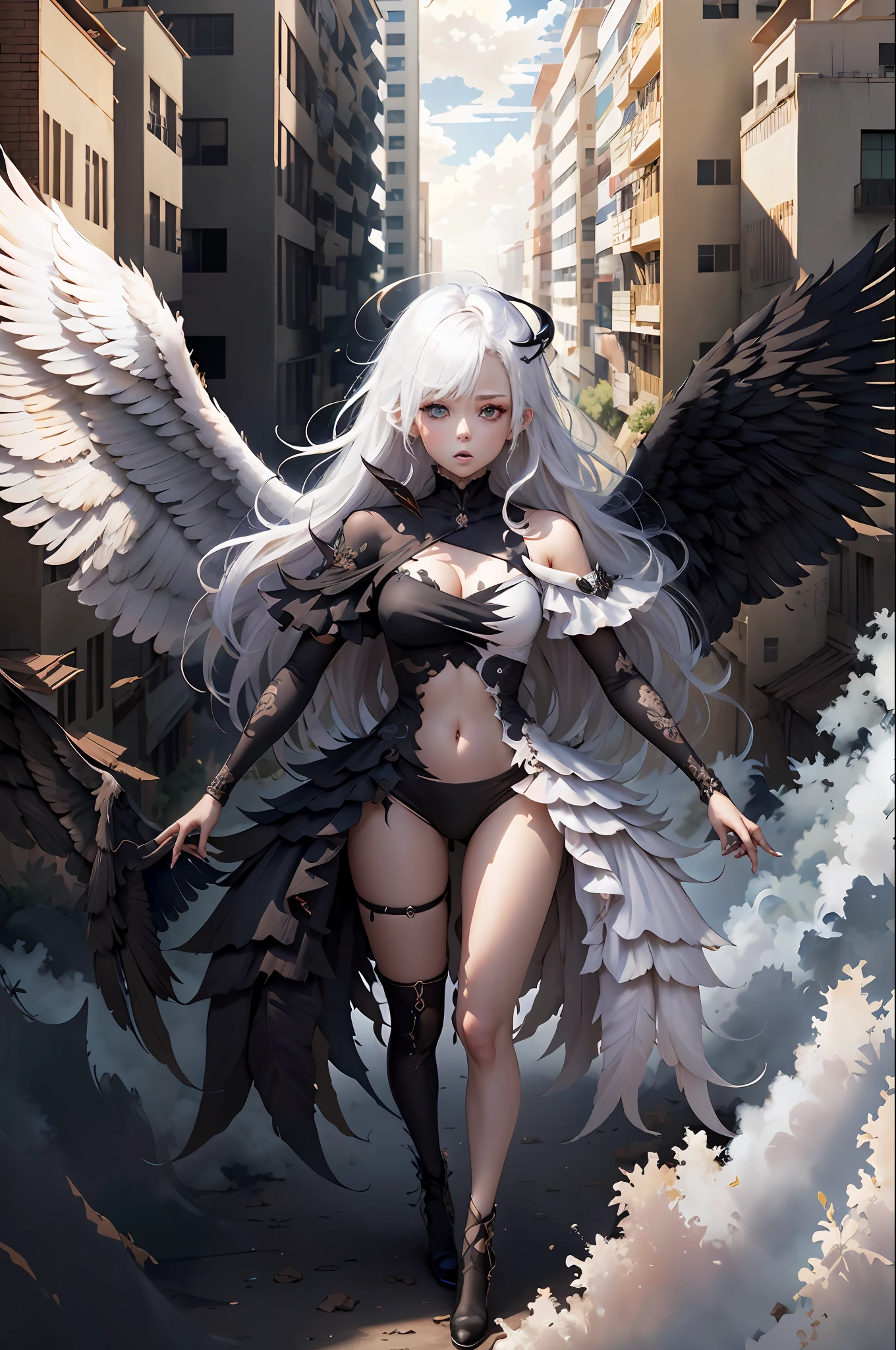 (masutepiece:1.3),(Best quality:1.2),8K,absurderes,unity 8k wallpapper,(Extremely detailed:1.3),highest grade,
1girl in, ,Heterochromia, White hair, Black hair, split theme, Angel,devil,Wings,