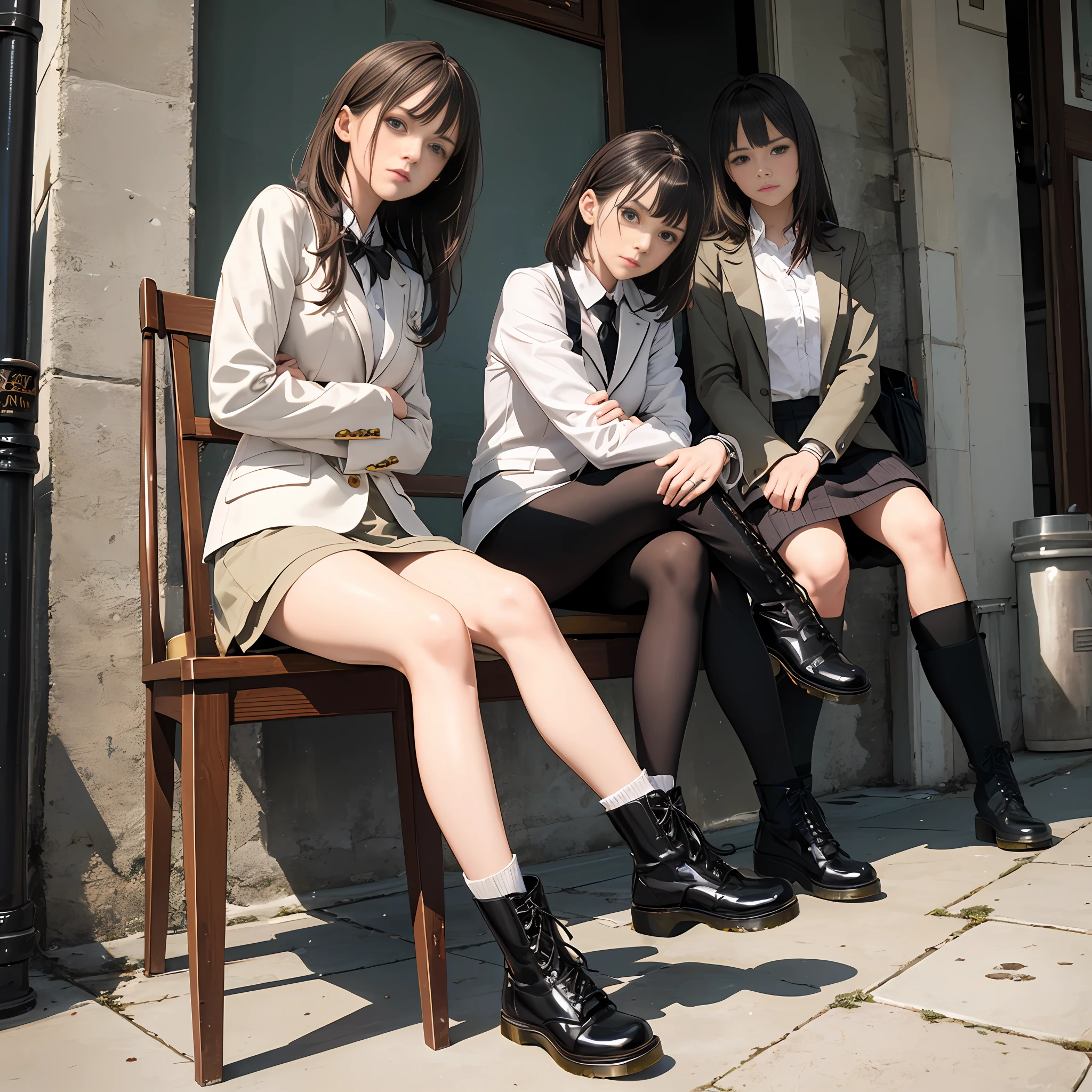 (masutepiece),Best quality,Ultra-detailed, extremely delicate and beautiful, Emma watson, Shoe soles、Dr. Martens boots,blazers,Black High Socks,Sit in a chair and cross your legs,Proud appearance,Cross your arms and look down,(1girl in),(glaring:1.2)