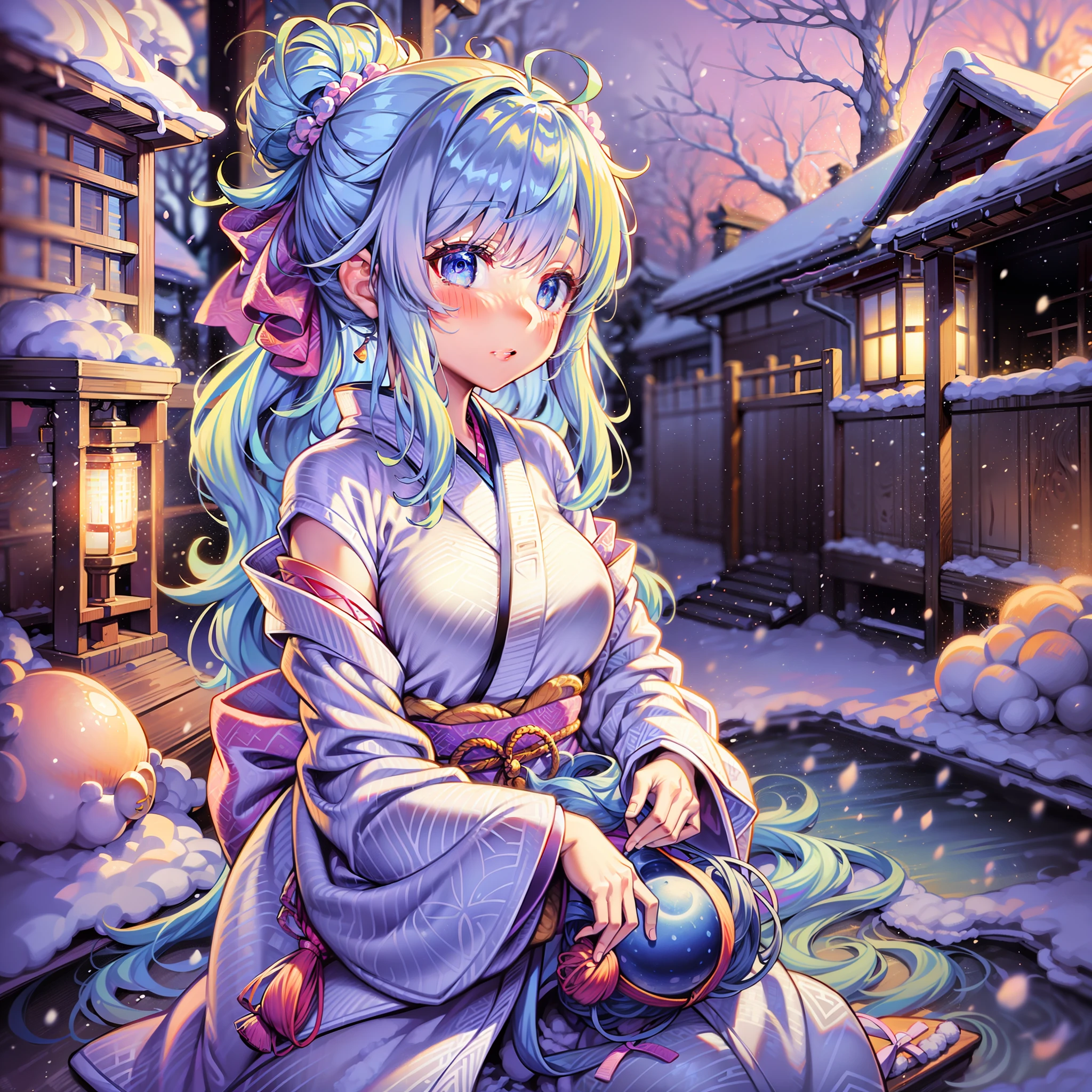 beautiful girl, Yukionnna(Japanese snow woman), white Kimono, short Kimono, short Japanese clothes, Pale light blue hair, very long hair, topknot, Blizzard, ice, wariza, 🧎♀, embarrassed from、(*Oh`*)、PsyAI
