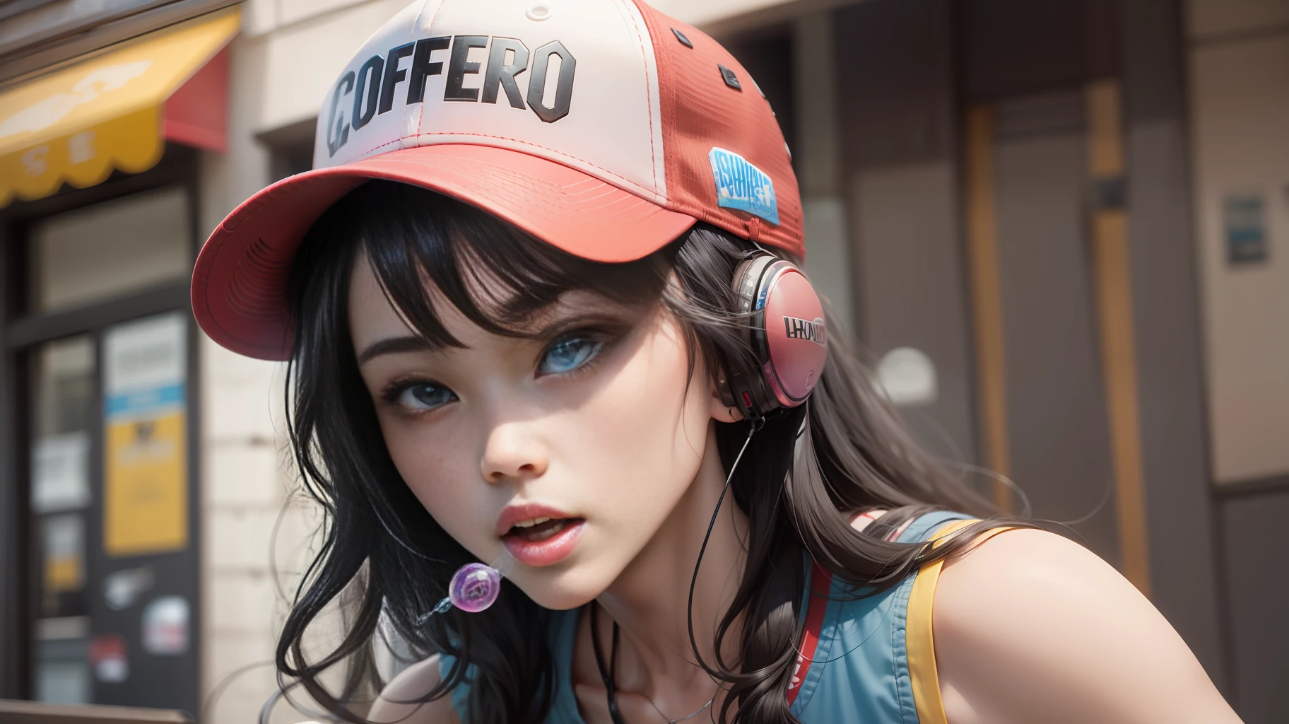 Black hair、largeeyes、Bobbed hair、Heroic、oral sexy、Sleeveless shirt、baseball cap,Headphones pinned to the neck,Blow bubble gum,Stand in front of the coffee shop,There is a retro locomotive parked next to it