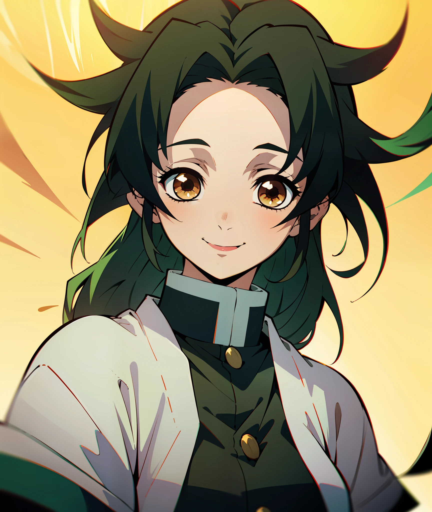 1girl, dark green hair, brown eyes, quiet, happy, calm, smile, cute, long hair, doe eyes, green haori, demon slayer uniform