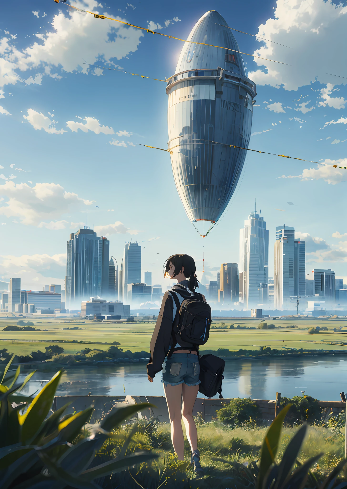 The vast sky, beautiful skyline, large grasslands, extremely tense and dramatic pictures, moving visual effects, the high-hanging Polaris, and colorful natural light. A long-sleeved top, denim shorts, and a girl with a backpack.