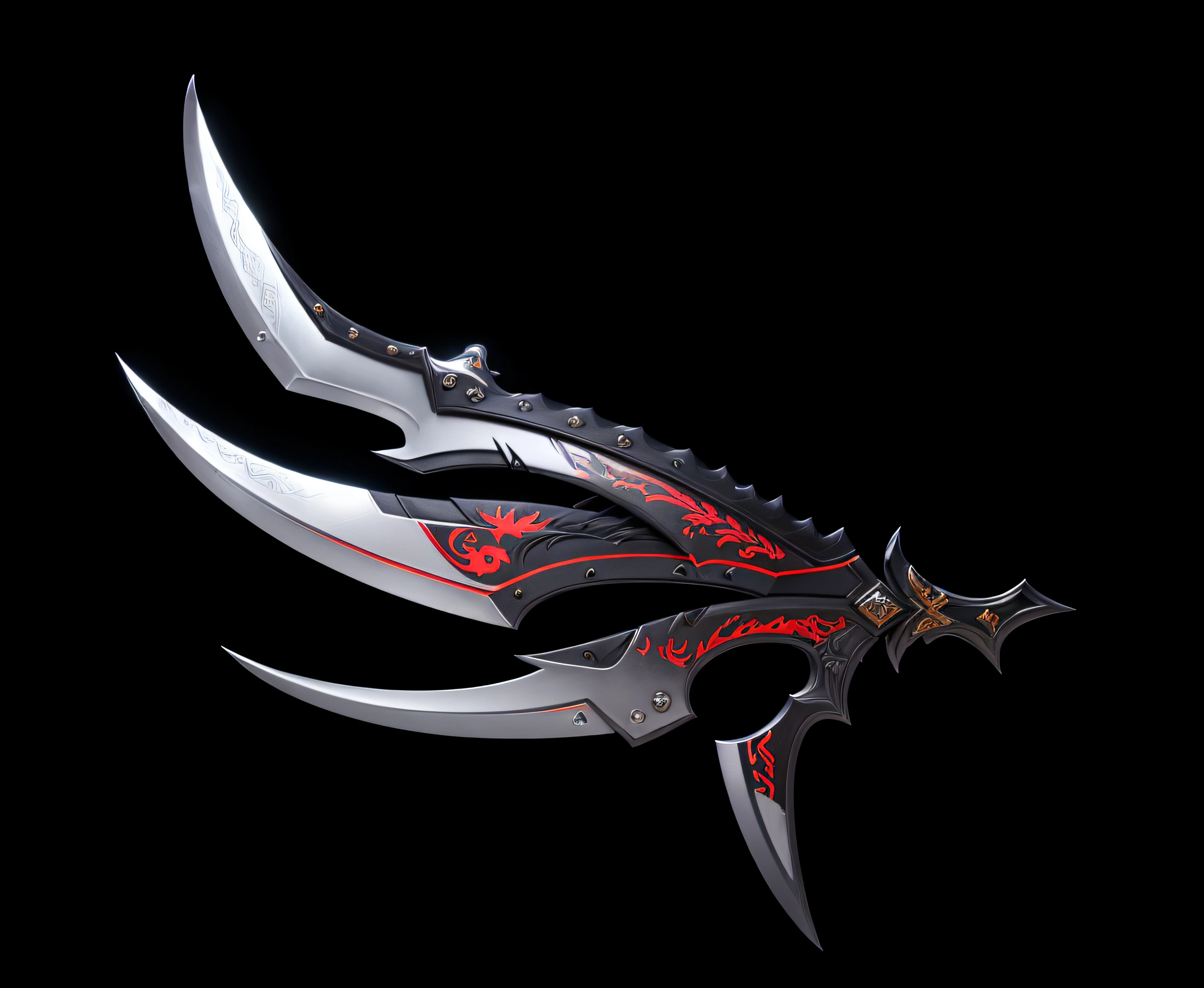a close up of a red and black dragon like object, war blade weapon, style of ghost blade, Fantasy Blade, black and red fantasy sword, raytraced blade, blade design, fantasy weapon, fantasy rpg weapon art, beautiful sword, epic fantasy weapon art, holographic blade!, fantasy sword of warrior, armored sword blade, blade runned color palette, blades,super detailing,metalictexture,Authentic texture,Enhance the sense of volume,Real materials,3D modeling ,Real close-up,Extreme meticulousness,Metal Textures ,Enhance the sense of volume of the light source --auto