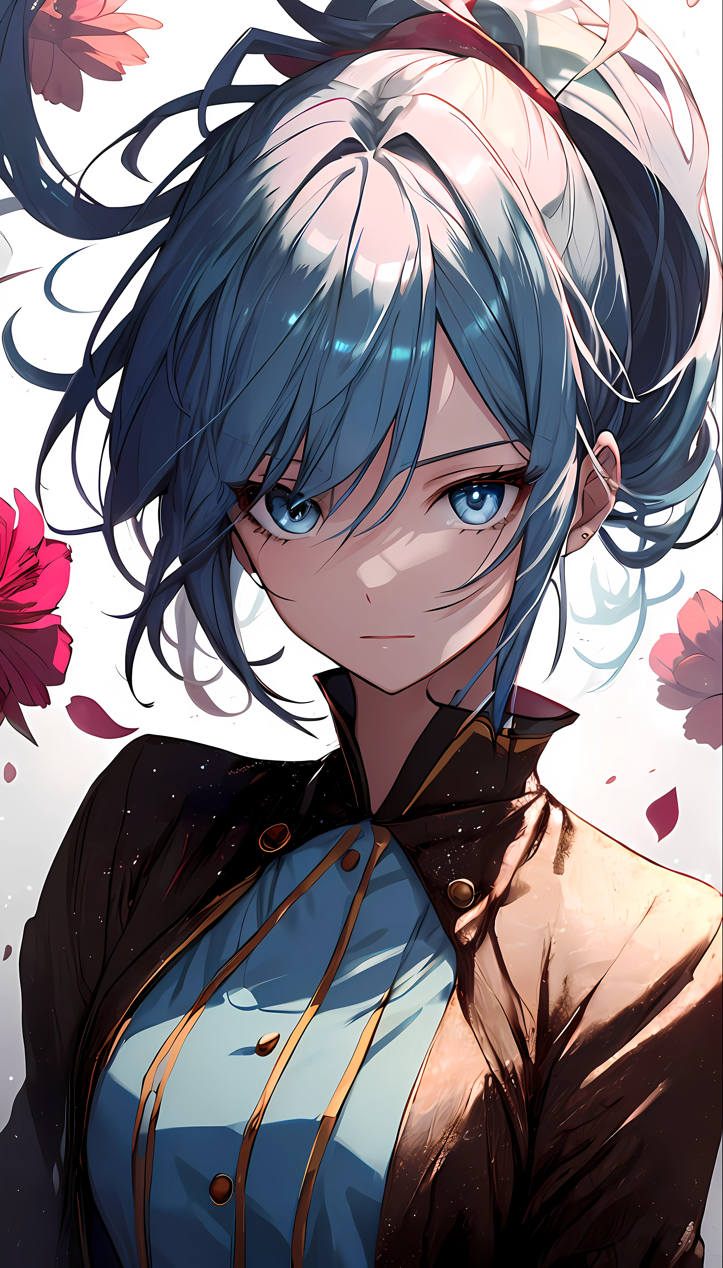 (masterpiece), (best quality), (ultra detailed),(disheveled hair),(illustration), (1girl), (Fashionable clothing), standing, Fashion model, looking at viewer, (interview), (simple background),beautiful detailed eyes, delicate beautiful face, Floating,(high saturation),(colorful splashes),colorful bubble,(shining), focus on face,  ponytail, kamisato ayaka, light blue hair, bangs, hair ring, floating flowers, floating hairs, (shining), best lighting, best shadow,
