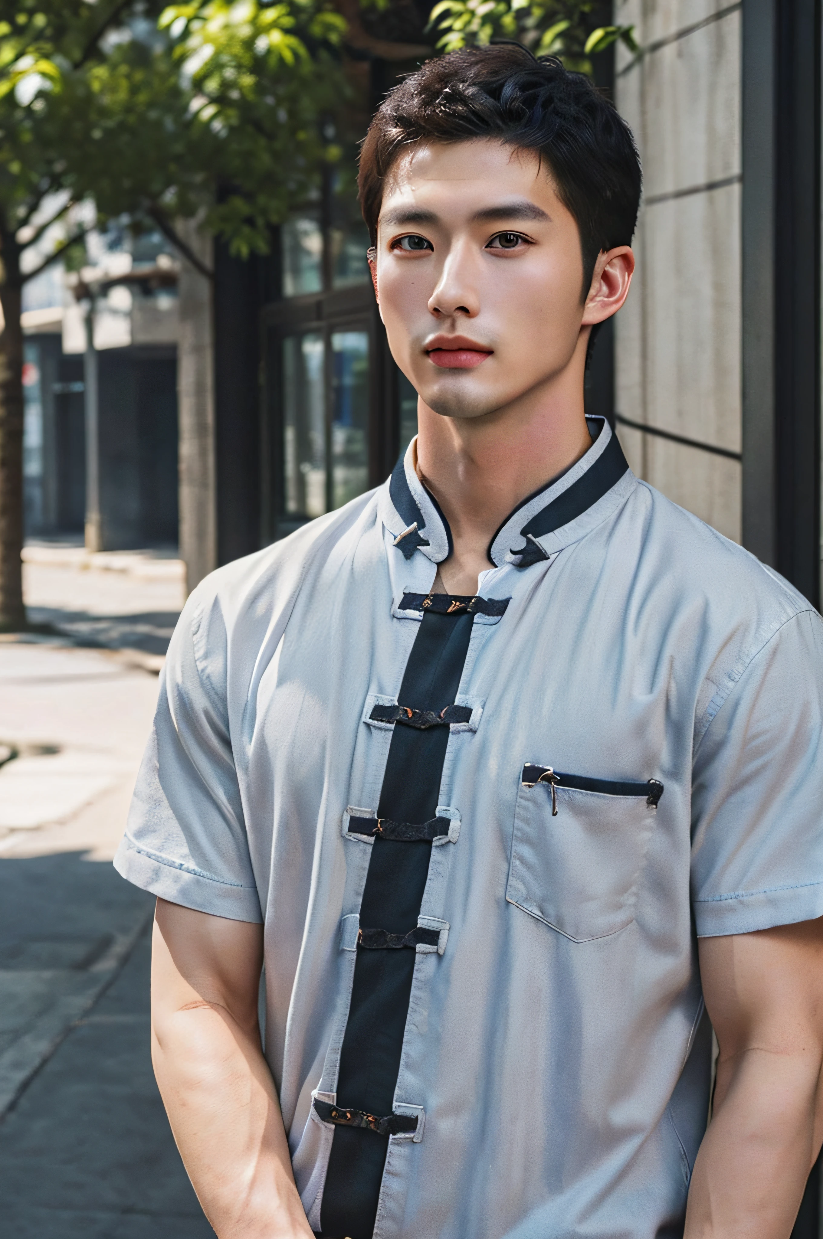 (Handsome Chinese guy:1.5) , A male, portrait, Fashionable outfits, photorealistic, casual wear, black short hair, detailed eyes, Textured skin, 25-year-old boy, Studio, Muscle role, Perfect shadow body, Gigachad muscle, dynamic shot, cowboy shot, outdoor