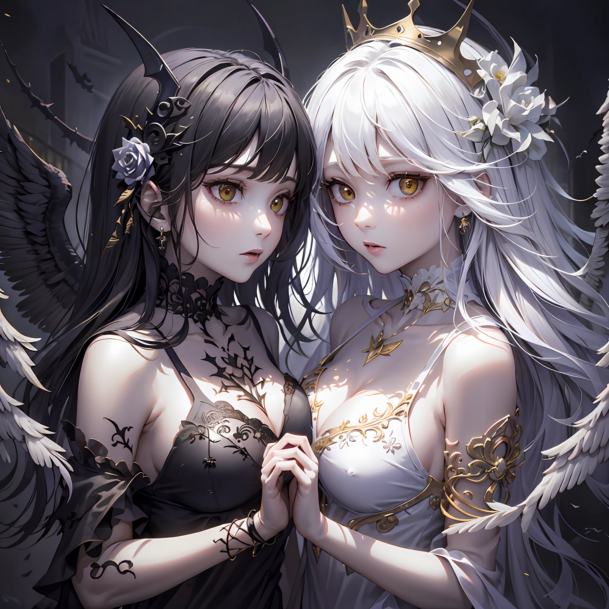 twins，2girls，（An angel，Golden crown，White feathers），（A devil，Skeleton Crown，Black bat wings），Heaven and hell coexist，（（Half blooming flowers，Half withered flowers）），Wings，Quantum entanglement，（（Hyper-realistic）），offcial art，​masterpiece，high qulity，super-fine，16K resolution