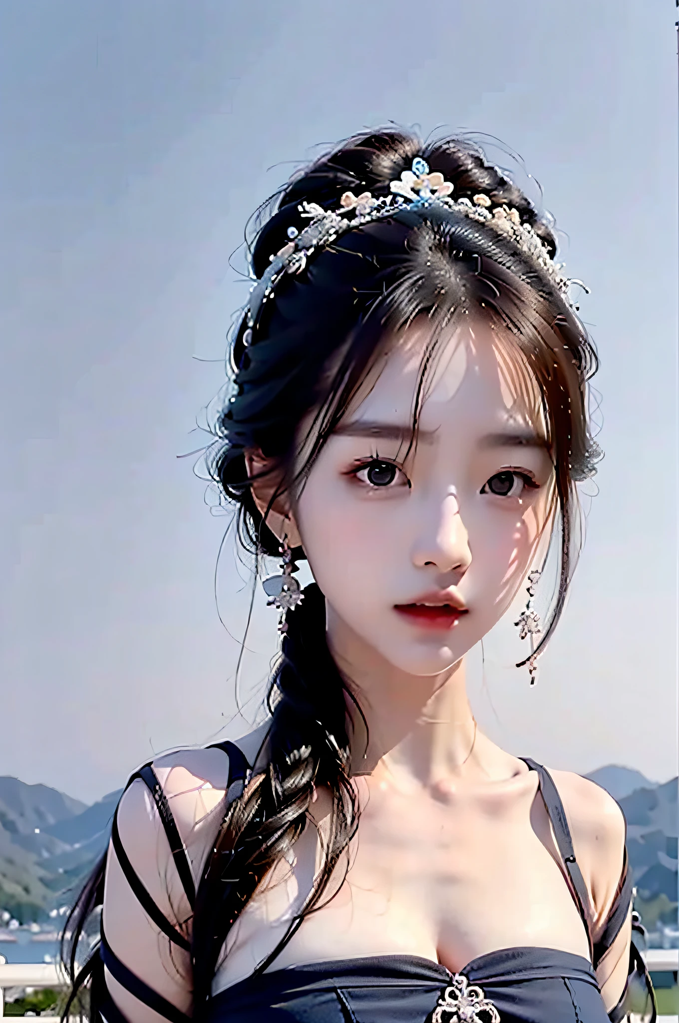 （Hyperrealistic,）4K,35mm,cinematography，super high details, Professional lighting, Best quality, Super high resolution, Visually stunning, (1girls:1.3), (dark blue theme:1.2), Light gray background, Deep blue, Wuxia,Chinese style,Hanfu,Bright wind,realskin,