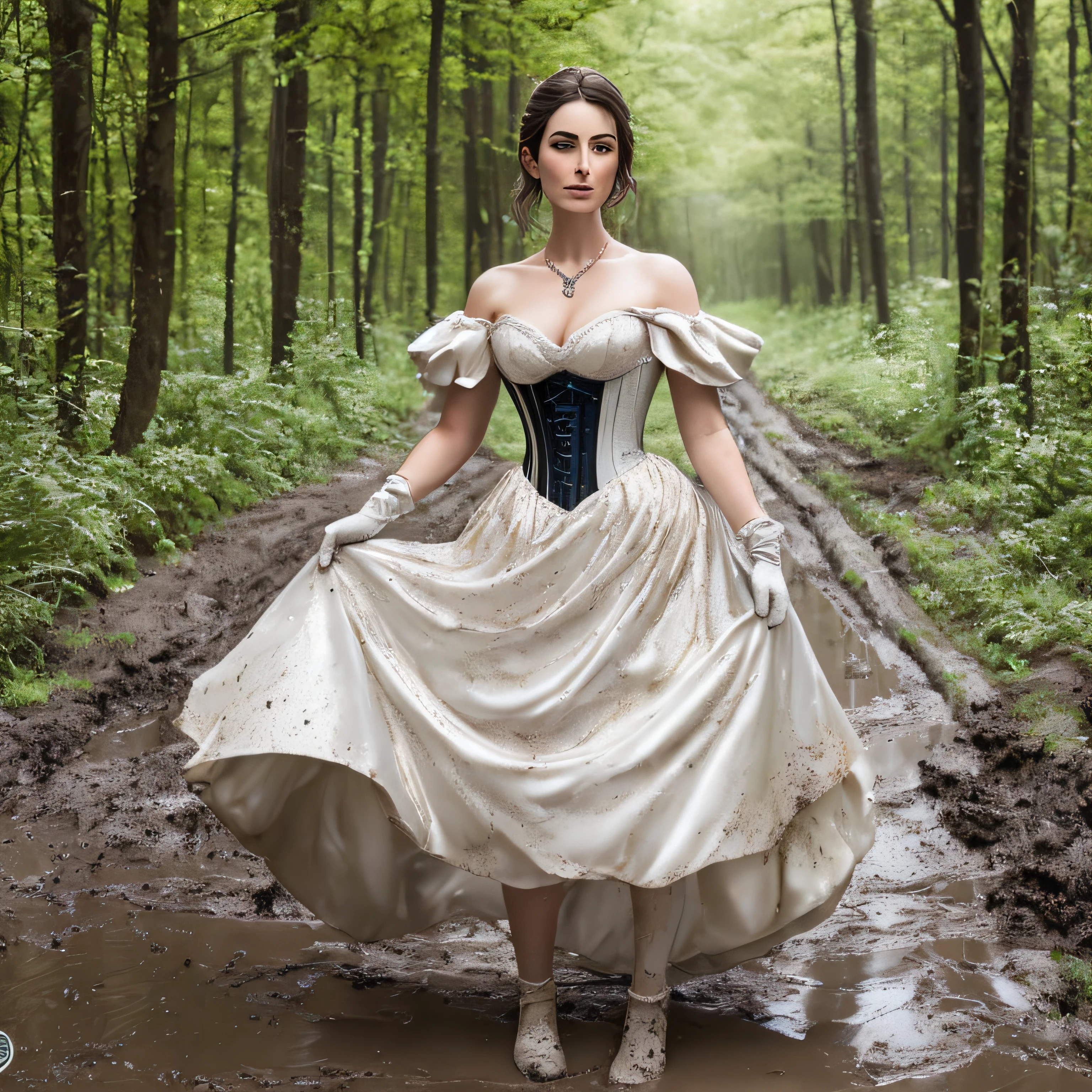 Hyperrealistische Fotografie, 2 Frauen stehen im Schlamm, Schlammspritzer im Gesicht, die Gesichter sind mit Schlamm verschmiert, 30-year-old women smeared with mud, Lena Meyer Landrut, long white gloves satin smeared with mud, short white prom gown smeared with mud White with Swarovski jewelry smeared with mud, Perlenkette mit Schlamm verschmiert, underbust corset weiß smeared with mud, ruffles, pointy pumps white high heels smeared with mud, Fishnet tights white smeared with mud, the entire body, schwarze lockige Haare mit Schlamm verschmiert, die Kleidung ist mit Schlamm verschmiert, High quality, realistische Beleuchtung, Bildmitte, Sanduhrproportionen, 8K, HDR, BDSM, medium breast size, lange Beine, professionelle Fotografie einer Frau, natural skin texture smeared with a lot of mud, 4K-Texturen, Adobe Lightroom, Fotolabor, HDR, kompliziert, elegant, sehr detailliert, scharfer Fokus, wahnsinnige Details, komplizierte Details, hyperdetailliert, Helles Kinolicht, Außenatmosphäre, Kinn hochgezogen, (exponierter Bauch: 1,8 ), (Fernaufnahme), dominanter Gesichtsausdruck