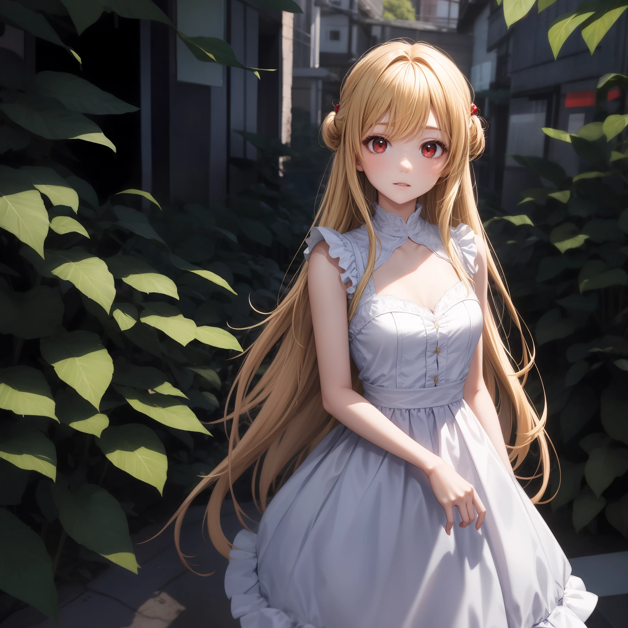 animated cartoon、One blonde girl with red eyes、White clothes with frills、