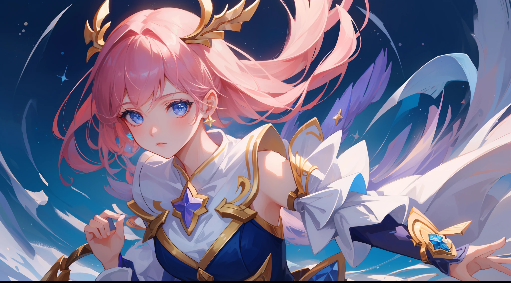 (masterpiece, best quality), intricate details, 8k, artstation, sharp focus, 1girl, star guardian, league of legends, (pink, purple, blue color theme)
