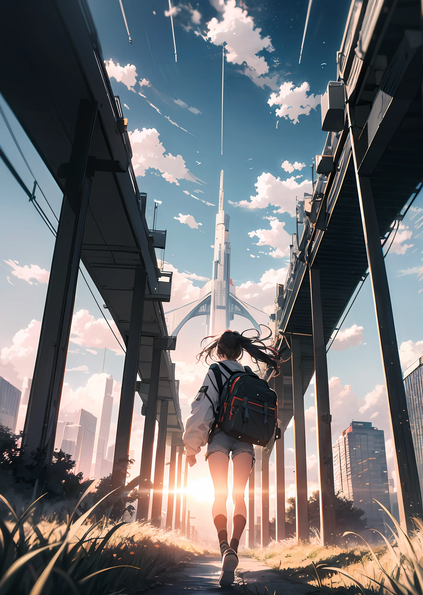 The vast sky, beautiful skyline, large grasslands, extremely tense and dramatic pictures, moving visual effects, the high-hanging Polaris, and colorful natural light. A long-sleeved top, denim shorts, and a girl with a backpack.