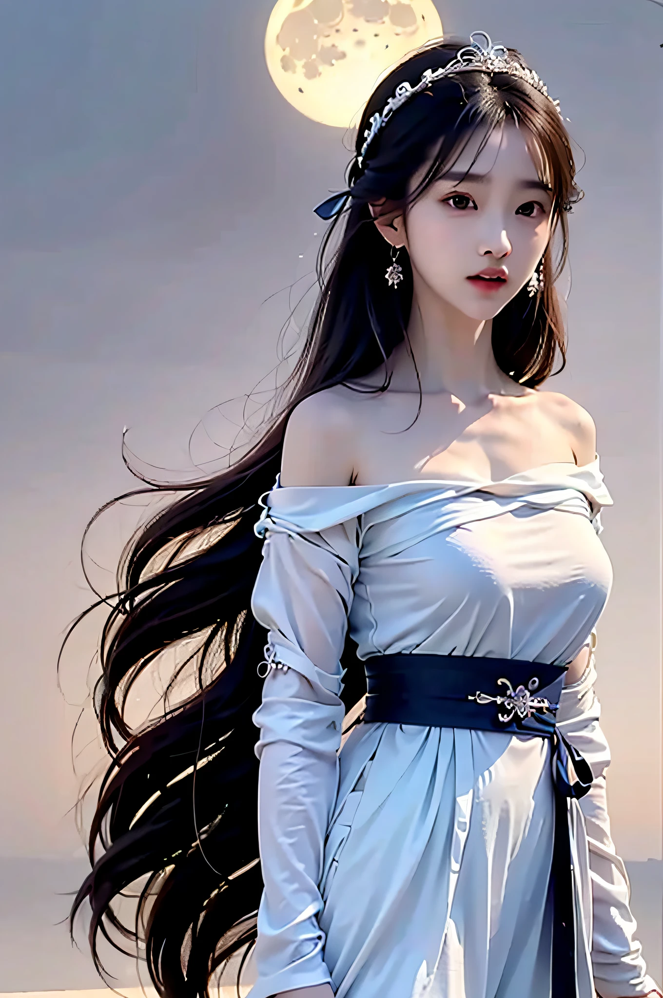 (Hyperrealistic,)4K,35mm,cinematography,super high details, Professional lighting, Best quality, Super high resolution, Visually stunning, (1girls:1.3), (dark blue theme:1.2), Light gray background, Deep blue, Wuxia,Chinese style,Hanfu,Bright wind,realskin,
