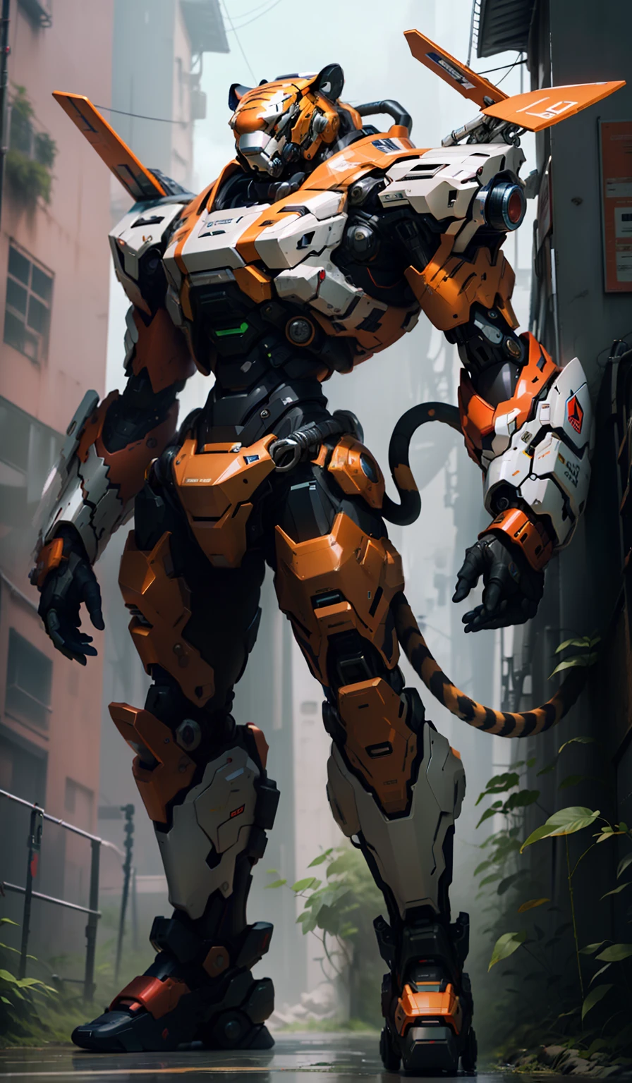 high res 4k metal Tiger head cyber punk mecha body with tail and drone ship on the sides with lazer gun rail pda guns
