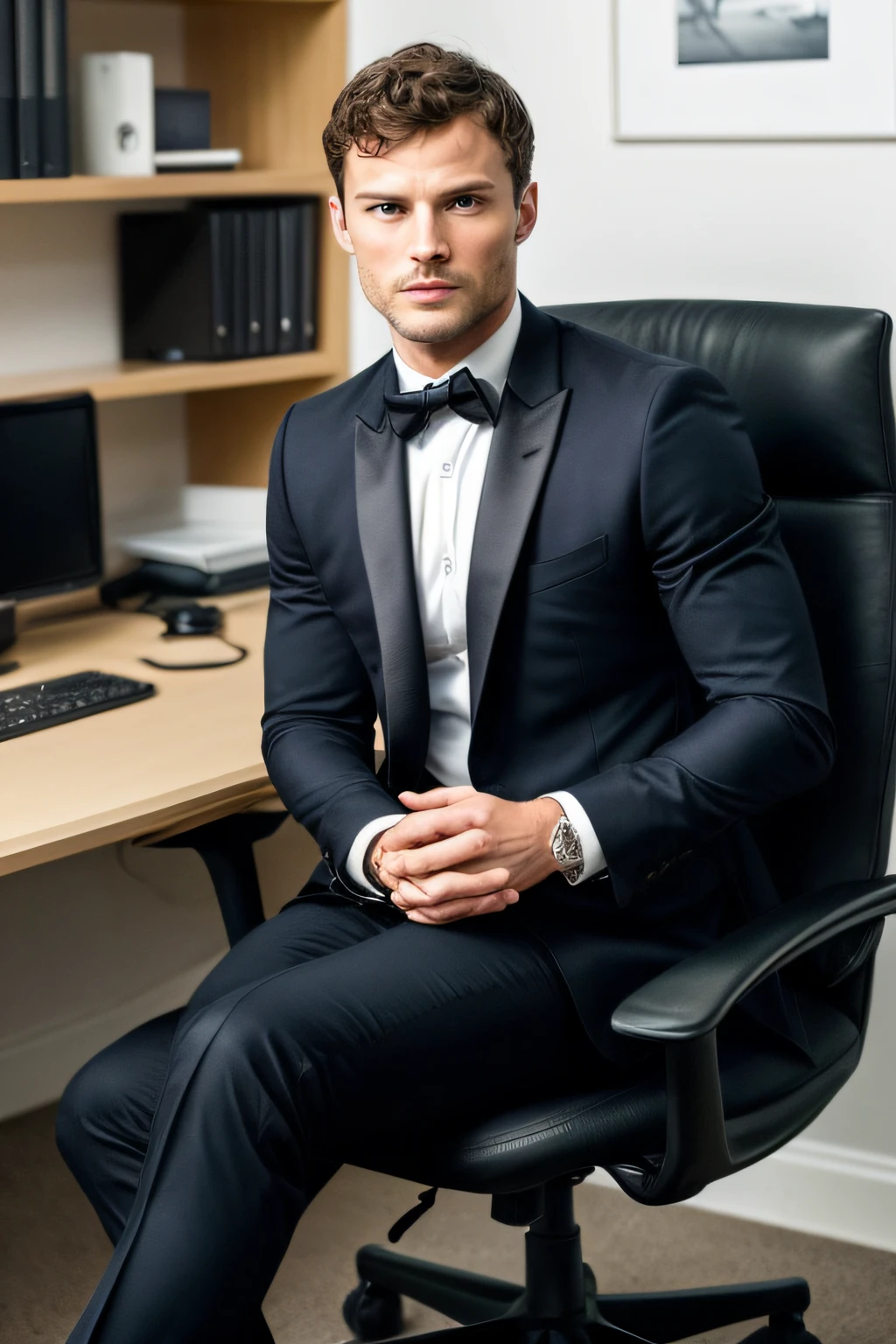 ((half body)) Photo RAW Ceo man sitting in an office chair, wearing black suit, (Using dark beard) movie scene, (Impeccable) ,Serious and elegant man, Actor Jamie Dornan, with thick male eyebrows, secret agent 007 man style, (with mysterious and serious face,) short dark hair, dark black background image,elegant and elegant, Man similar to actor Jamie Dornan,  ( high quality and realistic image), ((Best Quality, 8k, Masterpiece).