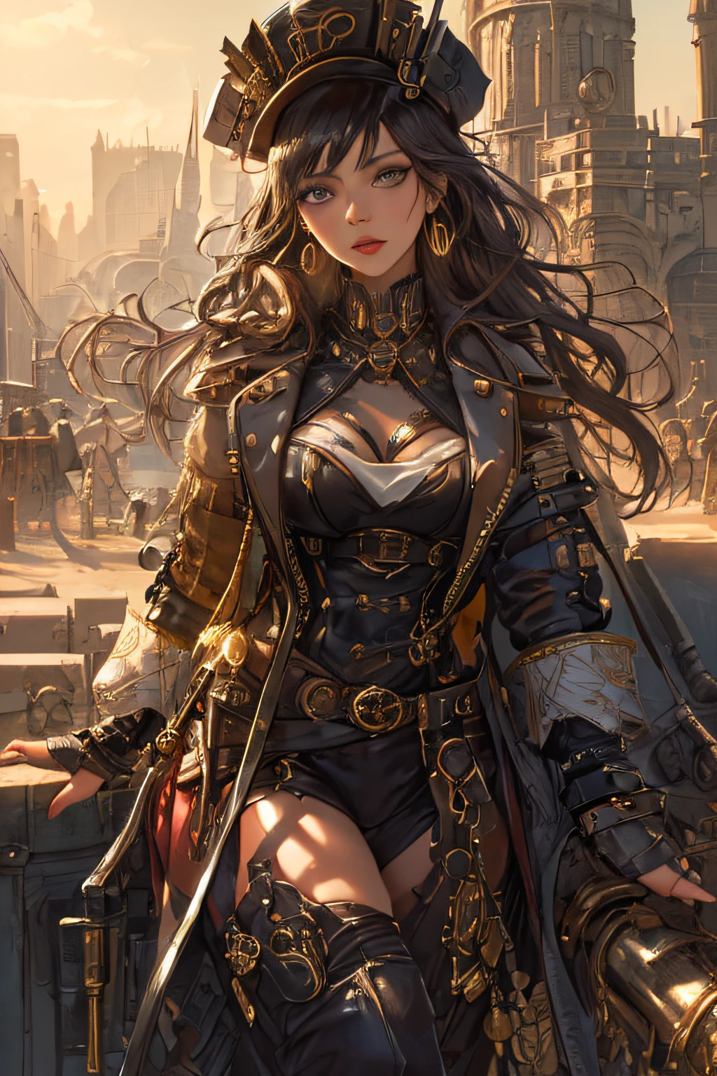 (1girl:1.3), looking at viewer, (steampunk suggestive clothes, Maven, Average Height, Toned, Round Face, Olive Skin, Brunette Hair, Blue Eyes, Wide Nose, Full Lips, Receding Chin, Long Hair, Straight Hair, Wavy Updo, soft sagging breasts, Threader earrings, golden, matte lipstick,steampunk metropolis),(masterpiece, best quality, detailed shiny skin:1.2), flawless, 8k, RAW, highres,absurdres,