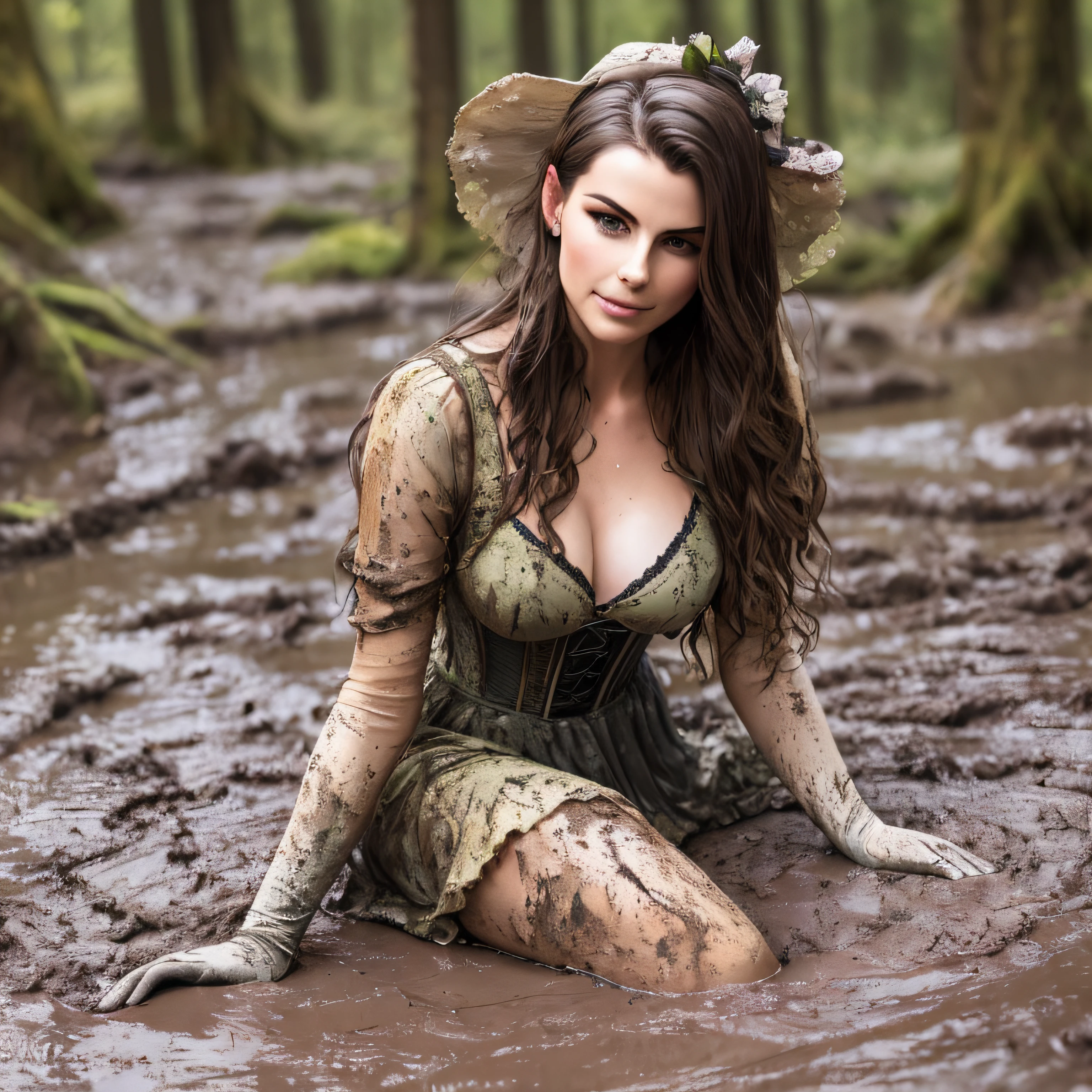 Hyperrealistische Fotografie, 2 Frauen stehen im Schlamm, Schlammspritzer im Gesicht, die Gesichter sind mit Schlamm verschmiert, 30-year-old women smeared with mud, Lena Meyer Landrut, long white gloves satin smeared with mud, short white prom gown smeared with mud White with Swarovski jewelry smeared with mud, Perlenkette mit Schlamm verschmiert, underbust corset weiß smeared with mud, ruffles, pointy pumps white high heels smeared with mud, Fishnet tights white smeared with mud, the entire body, schwarze lockige Haare mit Schlamm verschmiert, die Kleidung ist mit Schlamm verschmiert, High quality, realistische Beleuchtung, Bildmitte, Sanduhrproportionen, 8K, HDR, BDSM, medium breast size, lange Beine, professionelle Fotografie einer Frau, natural skin texture smeared with a lot of mud, 4K-Texturen, Adobe Lightroom, Fotolabor, HDR, kompliziert, elegant, sehr detailliert, scharfer Fokus, wahnsinnige Details, komplizierte Details, hyperdetailliert, Helles Kinolicht, Außenatmosphäre, Kinn hochgezogen, (exponierter Bauch: 1,8 ), (Fernaufnahme), dominanter Gesichtsausdruck