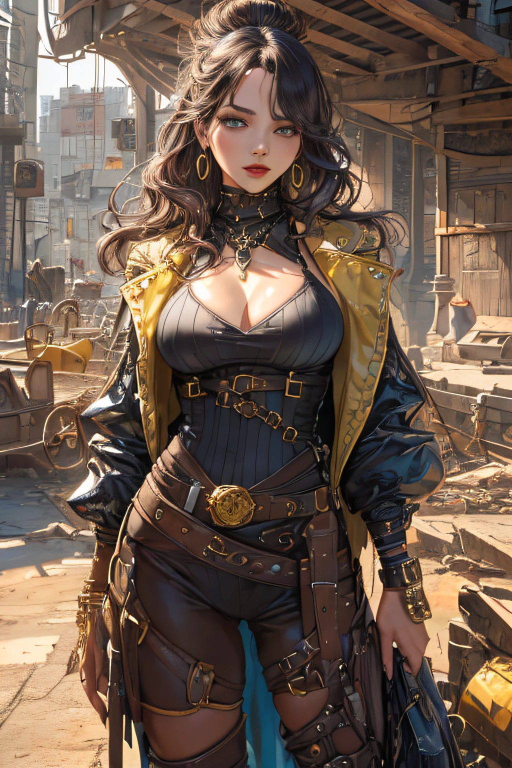(1girl:1.3), looking at viewer, (steampunk suggestive clothes, Maven, Average Height, Toned, Round Face, Olive Skin, Brunette Hair, Blue Eyes, Wide Nose, Full Lips, Receding Chin, Long Hair, Straight Hair, Wavy Updo, soft sagging breasts, Threader earrings, golden, matte lipstick,steampunk metropolis),(masterpiece, best quality, detailed shiny skin:1.2), flawless, 8k, RAW, highres,absurdres,
