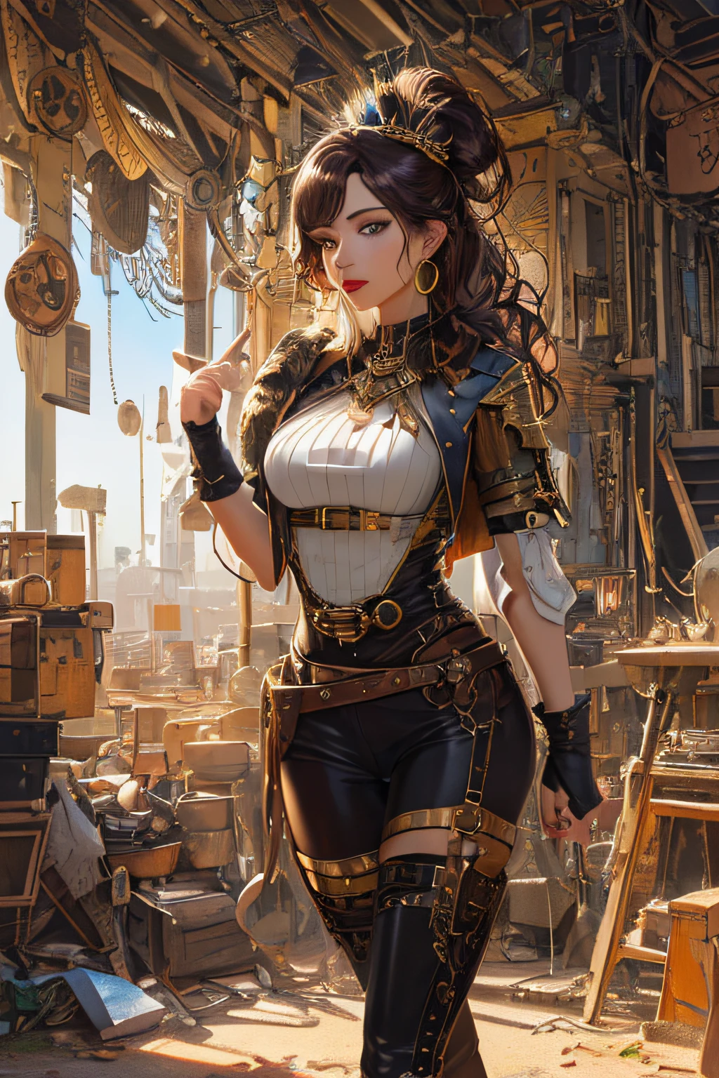 (1girl:1.3), looking at viewer, (steampunk suggestive clothes, Maven, Average Height, Toned, Round Face, Olive Skin, Brunette Hair, Blue Eyes, Wide Nose, Full Lips, Receding Chin, Long Hair, Straight Hair, Wavy Updo, soft sagging breasts, Threader earrings, golden, matte lipstick,steampunk metropolis),(masterpiece, best quality, detailed shiny skin:1.2), flawless, 8k, RAW, highres,absurdres,