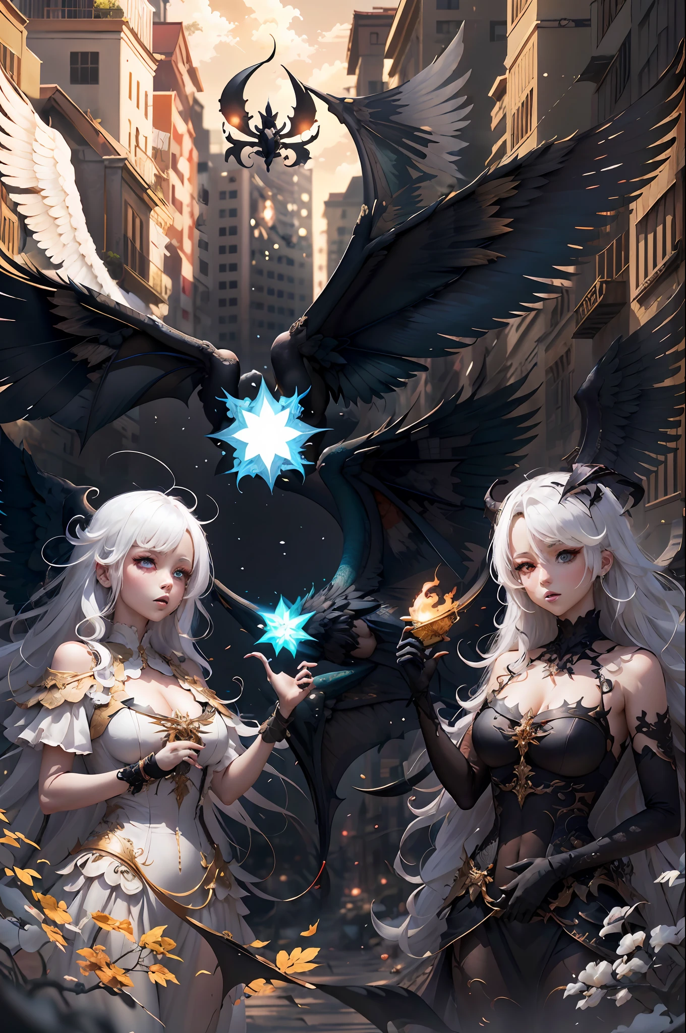 (masutepiece:1.3),(Best quality:1.2),8K,absurderes,unity 8k wallpapper,(Extremely detailed:1.3),highest grade,
1girl in, ,Heterochromia, White hair, Black hair, split theme, Angel,devil,Wings,
