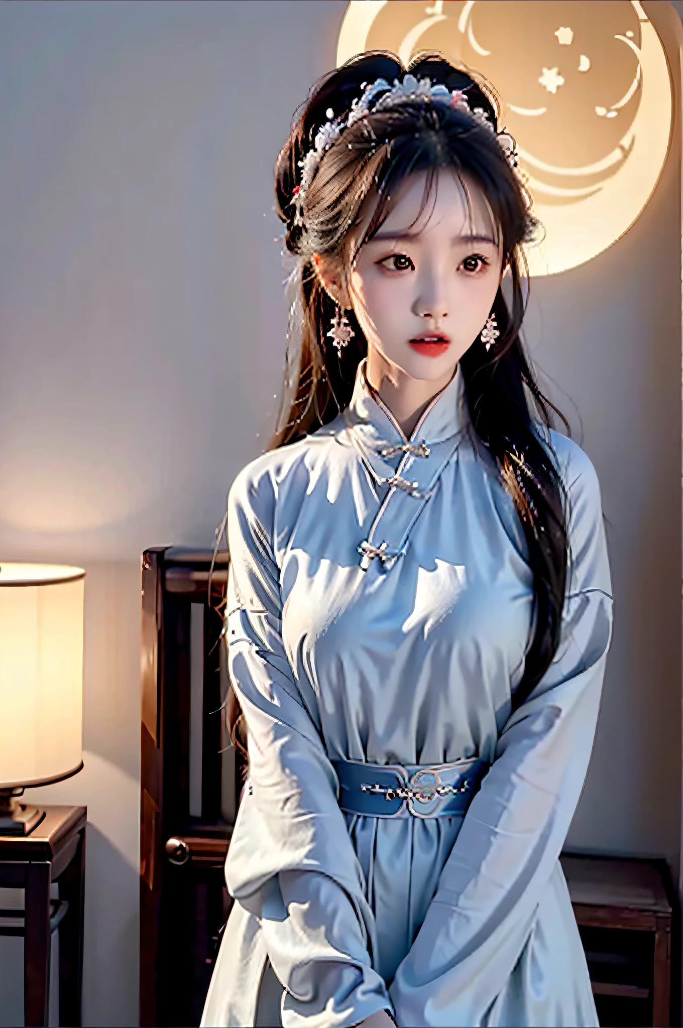 （Hyperrealistic,）4K,35mm,cinematography，super high details, Professional lighting, Best quality, Super high resolution, Visually stunning, (1girls:1.3), (dark blue theme:1.2), Light gray background, Deep blue, Wuxia,Chinese style,Hanfu,Bright wind,realskin,