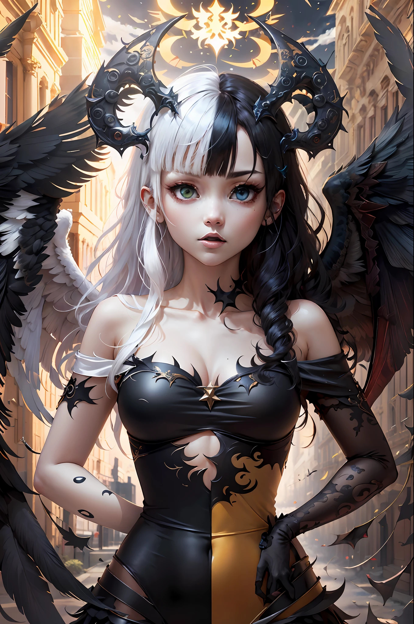 (masutepiece:1.3),(Best quality:1.2),8K,absurderes,unity 8k wallpapper,(Extremely detailed:1.3),highest grade,
1girl in, ,Heterochromia, White hair, Black hair, split theme, Angel,devil,Wings,