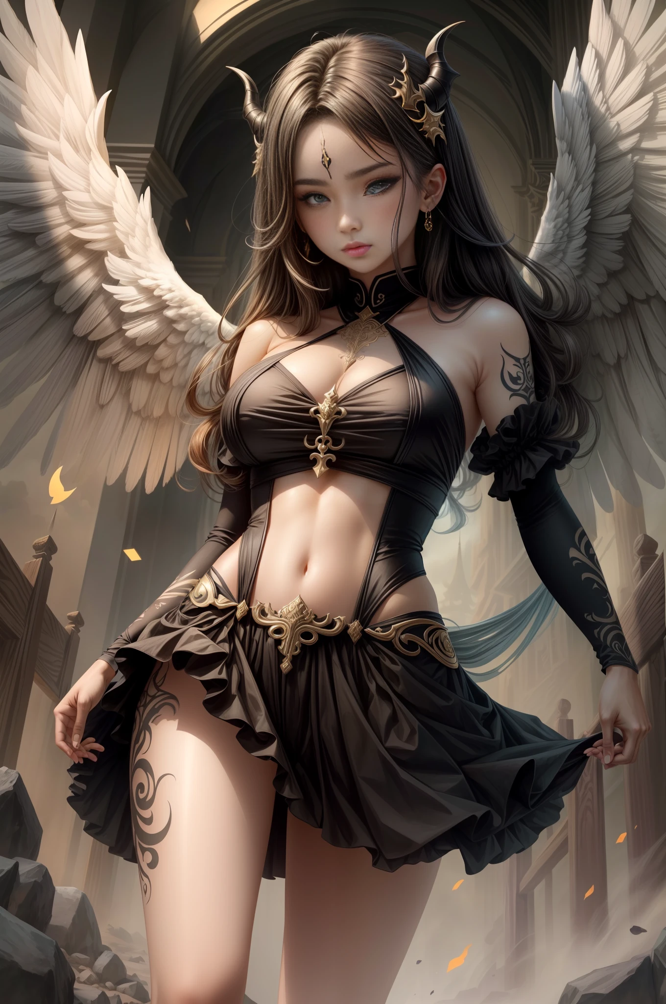 （（best quailty）），（（​masterpiece）），（A detailed），1girl huge large breasts，独奏，fullllbody，Daemons：0.5，An angel：0.5，demonic：0.5，angelic halo，devil horns：1.5，An angel_Wings：0.5 and Daemon_Wings：0.5]，Gossip，A fusion of mind and body，Smooth movement，Interrelated elements，Interaction of contrasting forces，Taoist philosophy，I Ching，Daoism，shadowboxing，yin yang，O spirit，Angels fuse with demons，There are faint tattoos on the legs，There are demon tattoos on the forehead：0.7