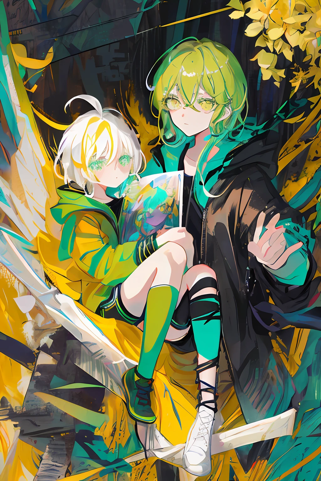 masterpiece,best quality,highly detailed,{1boy},artbook,light,huge_filesize,colorful,leggings,ankle_lace-up,yellow eyes,green eyes,cryamore,shiny hair,aqua eyes,symbol-shaped pupils,asymmetrical hair,colored eyelashes,messy_hair,white hair,short shorts