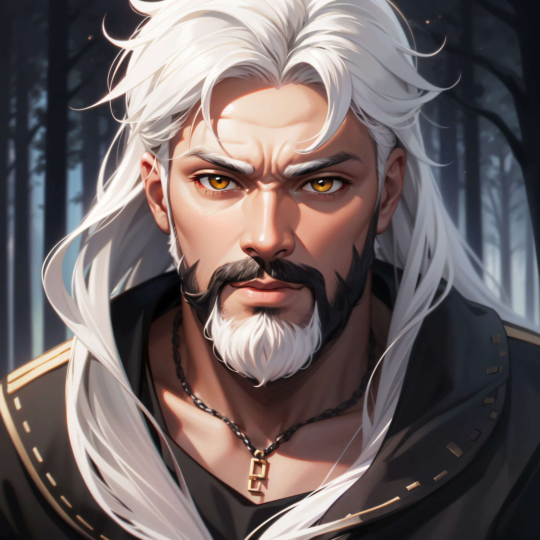 black man, white hair, white beard, yellow eyes, black skin, light black skin, detailed face, high quality image, 8k, background forest, night, dark sky, magic, black clothes,