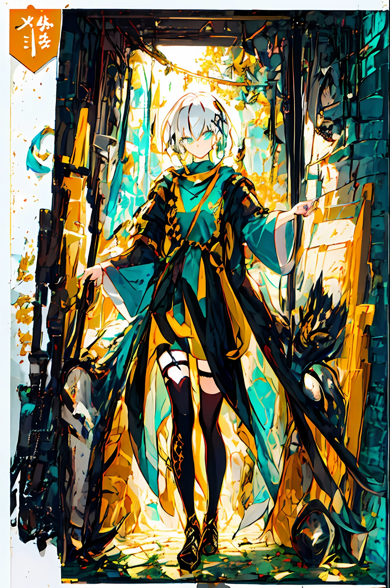 巨作,Best quality,highly-detailing,{1boys},art book,Light,Huge_filesize,Colorful,Leggings,ankle_lace-up,Yellow eyes,Green eyes,cryamore,Shiny hair,aqua eyes,symbol shaped pupils,Asymmetrical hair,colored eyelashes,Messy_Hair,White hair,Short shorts