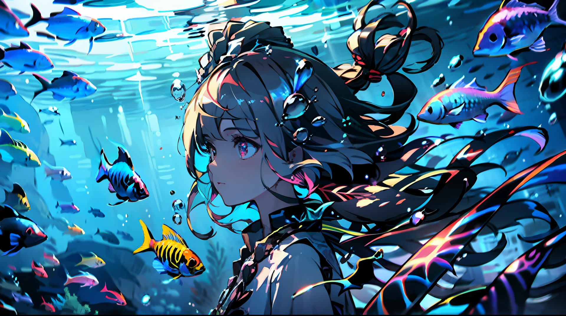 Top image quality,1girl in,More backgrounds, Iridescent eyes, Rainbow Colors theme, The fish,jewely,耳Nipple Ring, bubbling, Dark underwater, rainbow-colored hair, length hair(Straight),Side illustration, Air bubble,Upper body body, Floating hair