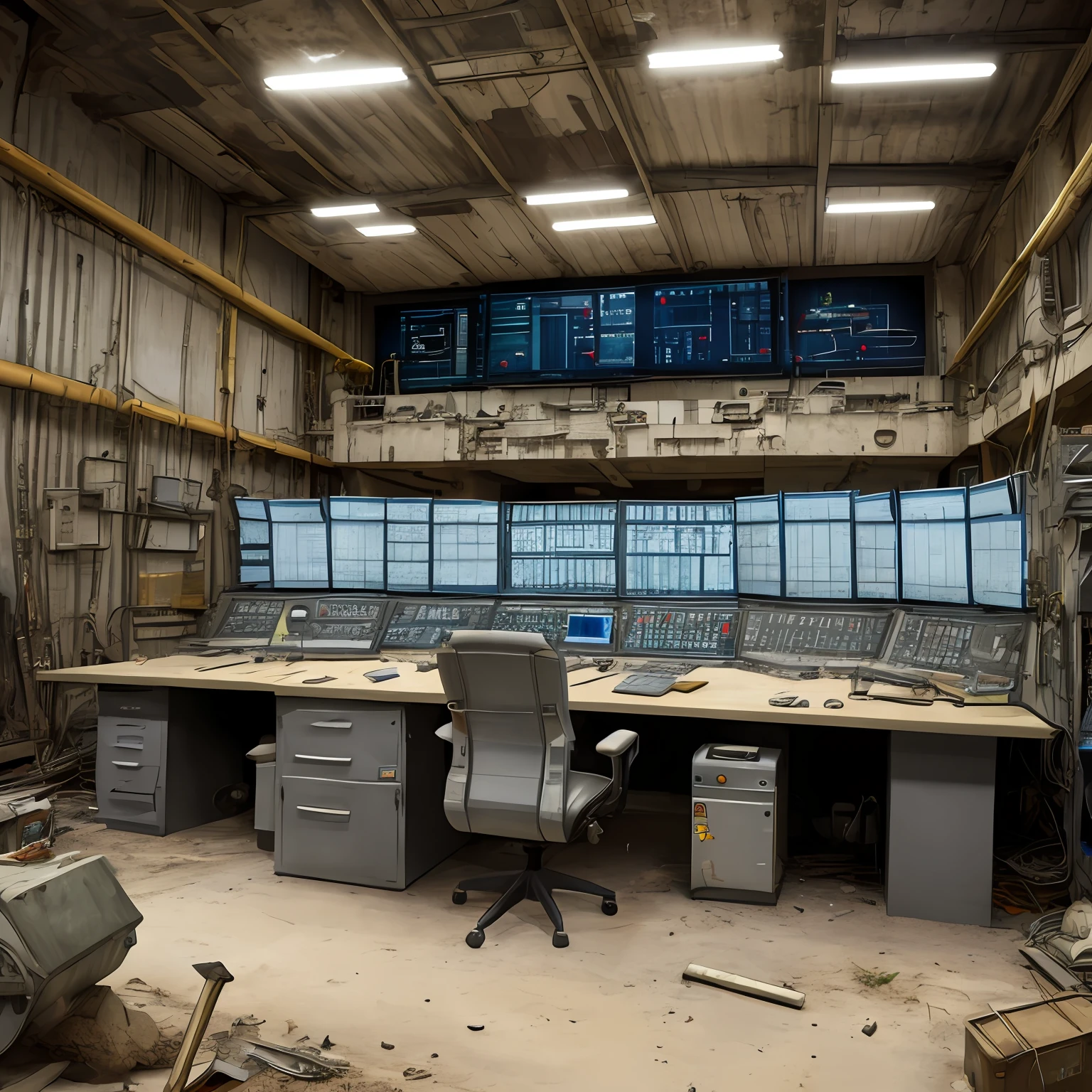 Rocket launch pads wasteland control room shabby machinery --auto
