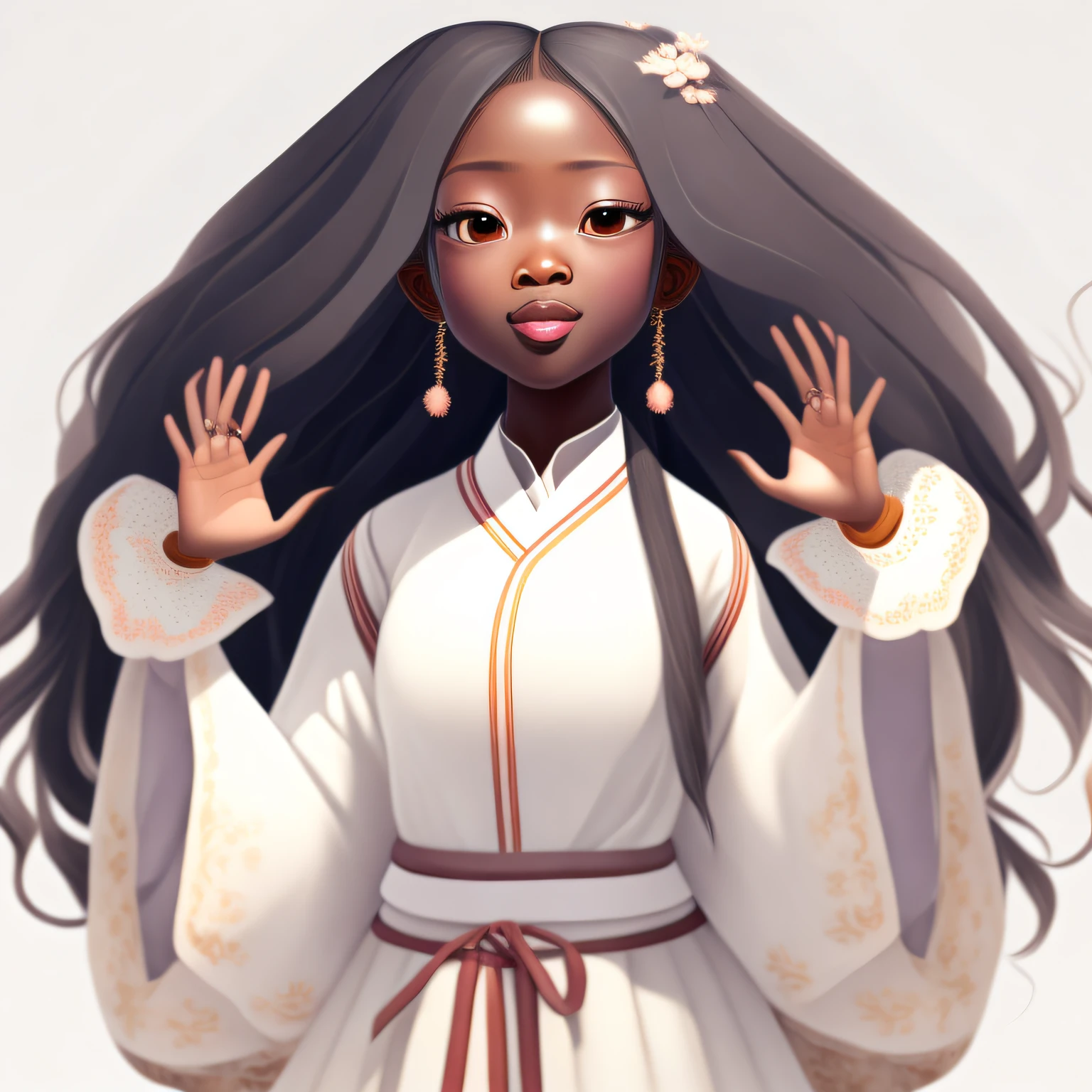 beautifull black woman, , long hair, arms raised, looking up, praising God, Faire. cute,happy,smiling,funny,white background,in the style of historical themes, concept art, oriental, detailed Hanfu costumes,mastery of perspective,realistic,3D, Full body