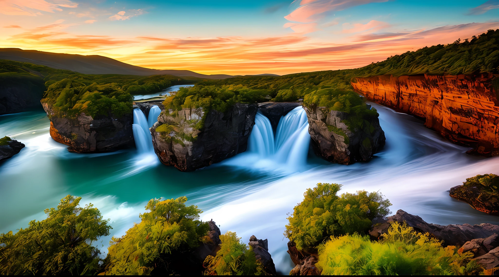 Masterpiece, ultimate quality, Cg unity 8k wallpaper, super delicate, beautiful sky and clouds, rainbow, weather after rain, rich natural scenery, cliffs, lakes and rivers, waterfalls flying water, beautiful green mountains, no trace, excellent scenery, already award-winning photo contest, background bokeh, full depth of field, HDR high dynamics, real restoration, intricacies, extreme details, dramatic presentation, perfectly presents the style of midjourney art.