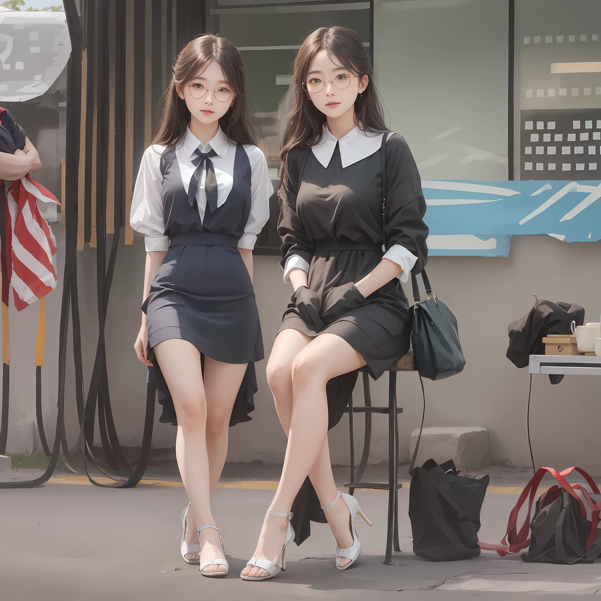 (Highest image quality,Wide screen,Full body like,1个Giant Breast Girl),(Beautiful looks,Beautiful maiden,Height 1.8 meters,slimfigure,office lady uniform,Delicate gray long dress,Temperament sitting posture,Hands in your pockets,Glasses with lenses,Thin legs stretched forward,Long hair shawl,White heels),(Outdoor scenery background,Natural scenery,The blue sky and white clouds,Green grass,Flowers,rios,moutain terrain),(The light is delicate and soft,Cozy and warm atmosphere,A gentle breeze,Fade into light and shadow)。