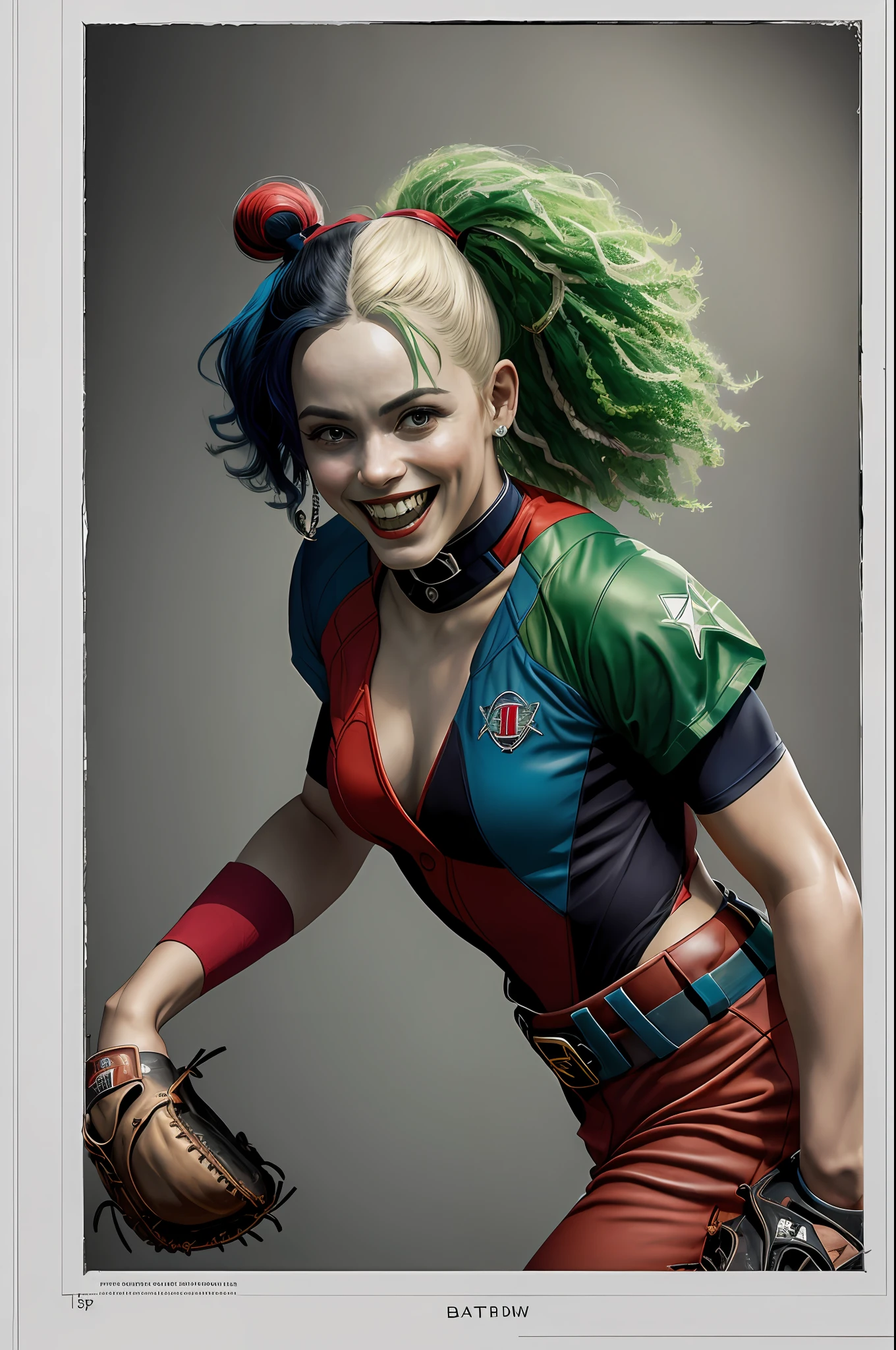 (16k, foto RAW, melhor qualidade, obra-prima: 1.2), ultra-detalhado, arte formal, foto realismo: 1.37, foto de meio corpo((Afro americana,cabelo crespo colorido,olhos verdes),(Harley quinn), (mulher, beleza ,( taco de baseball ) lugar em batalha,sorridente film grain, villain action pose ((spawn))detalhes