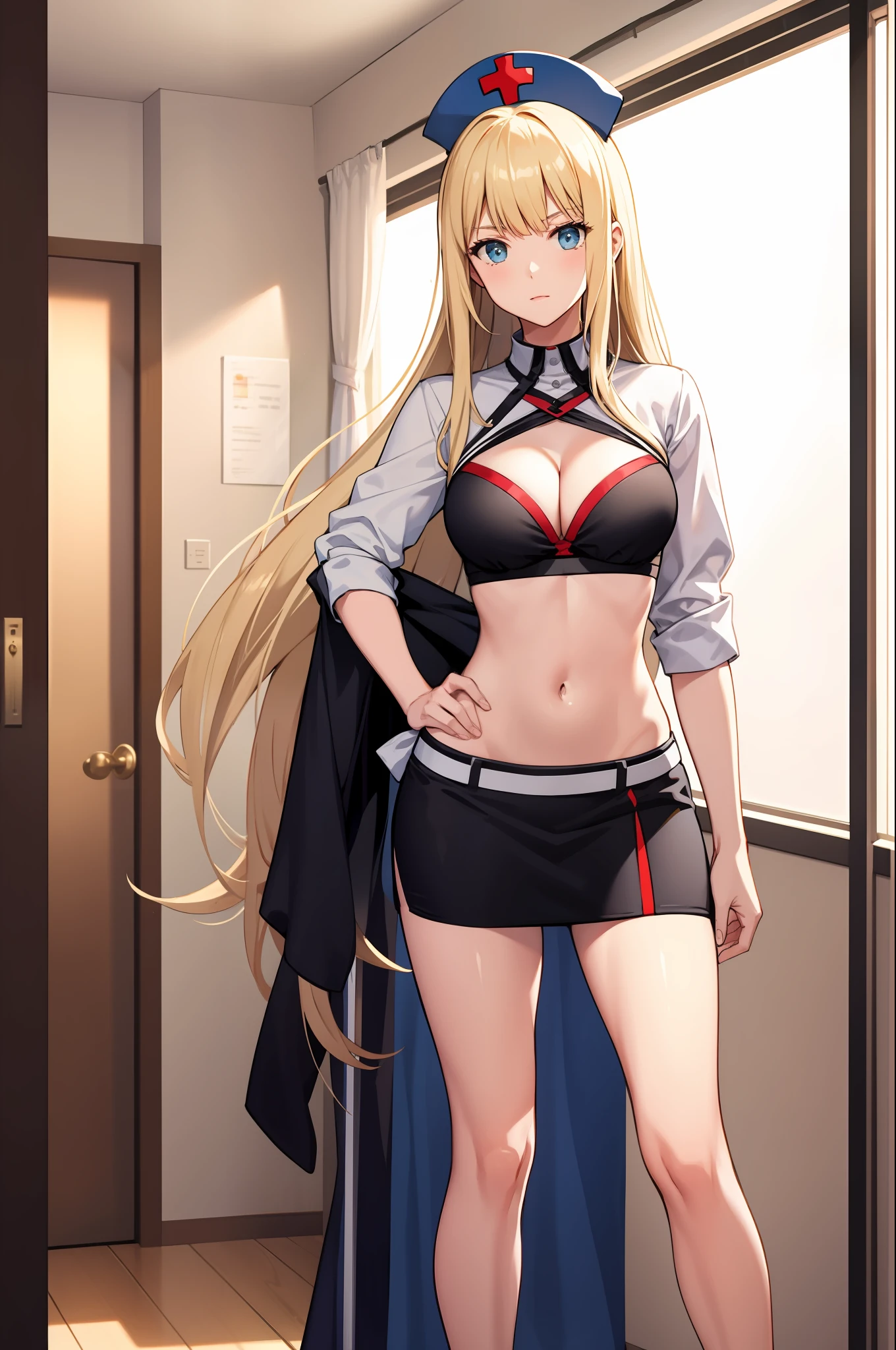 masterpiece, best quality, long hair,  medium ??????, cleavage, navel, slim legs, morgan fate blonde hair, nurse, nervous, short skirt, mature women, standing, bedroom