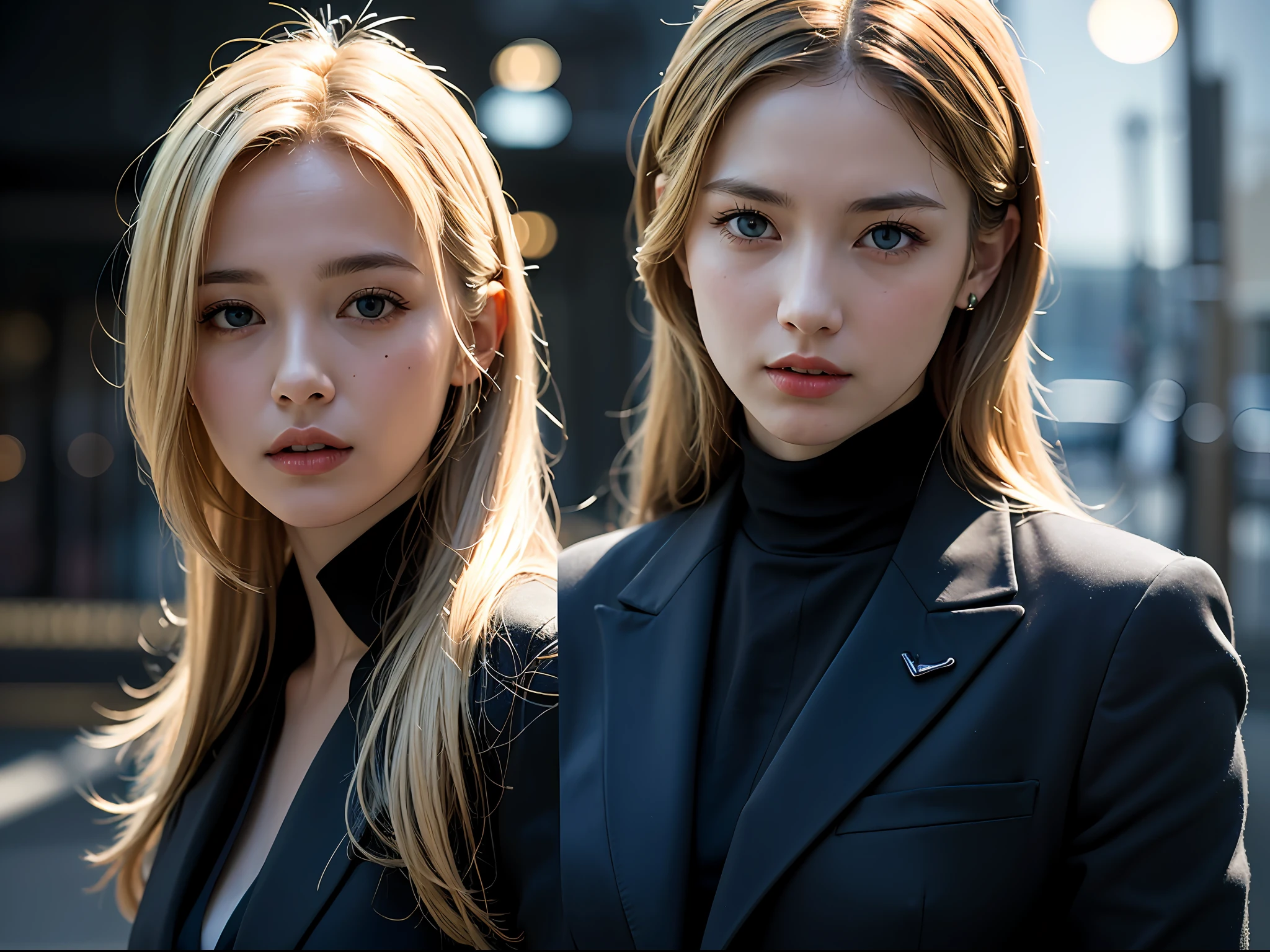 Best quality, masterpiece, ultra high res, (photorealistic:1.4), raw photo, 1girl, blonde hair, blue eyes, detailed eyes and face, black suit, dynamic lighting, in the dark, deep shadow, low key, cowboy shot full-lenght body