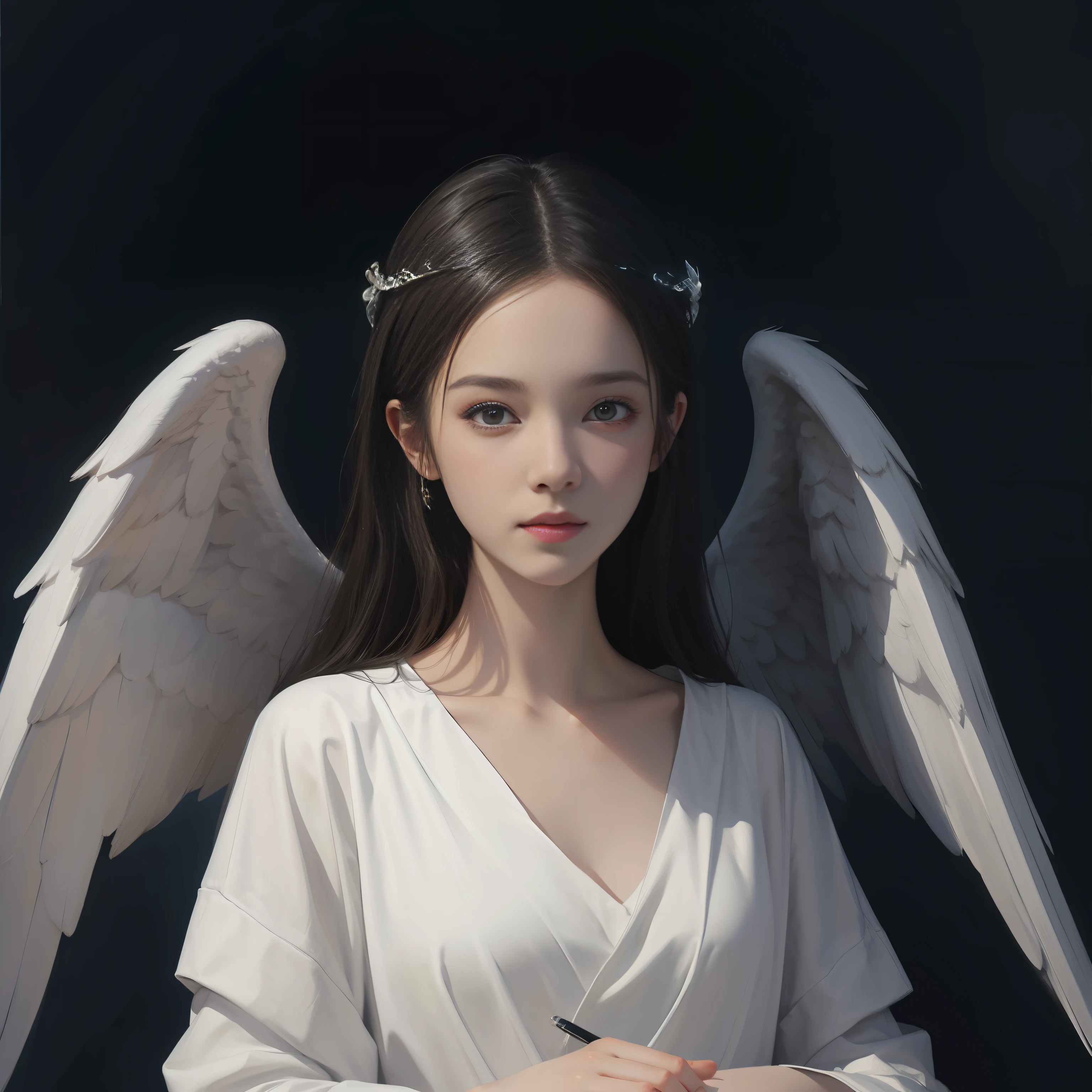 The background is blue sky、sitting on、Upper body body、Happy face、oilpainting、Drawing of a sitting girl in a white dress with wings, art of wlop and greg rutkowski, art of Wlop, of beautiful angel, wlop art, ross tran 8 k, Portrait of a beautiful angel, full of paintings of angels, Beautiful Girl Angel, wlop |, wlop jeremy lipkin, full - body majestic angel