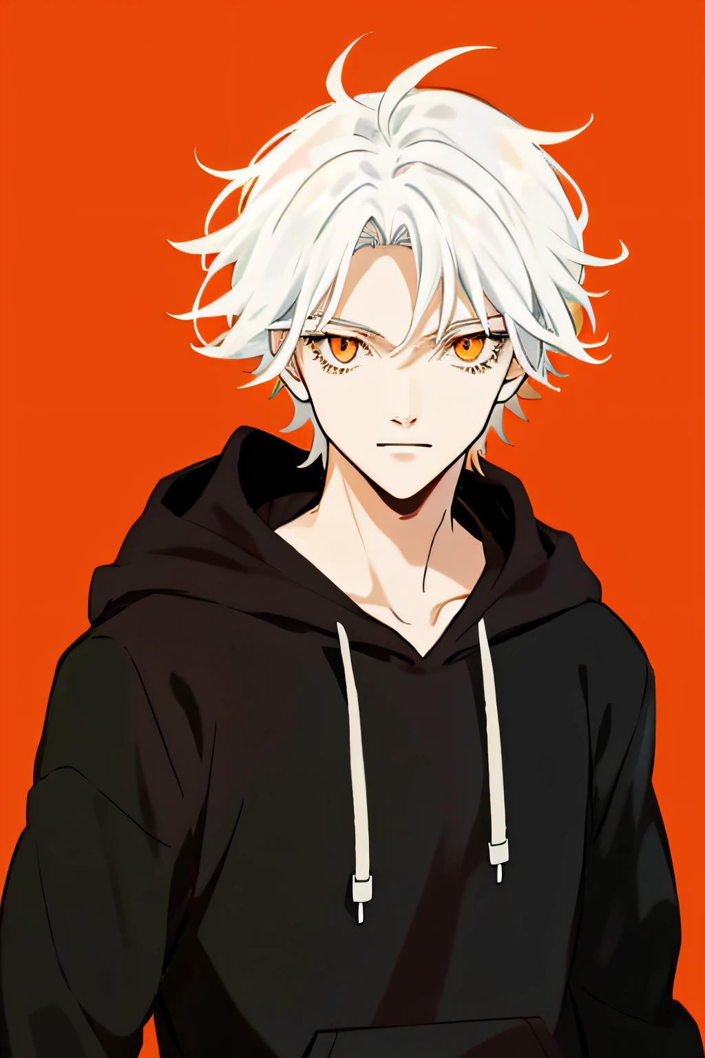 Anime boy in black hoodie standing straight, White hair, Tall anime guy with orange eyes, young anime man, white backgroung, simple background