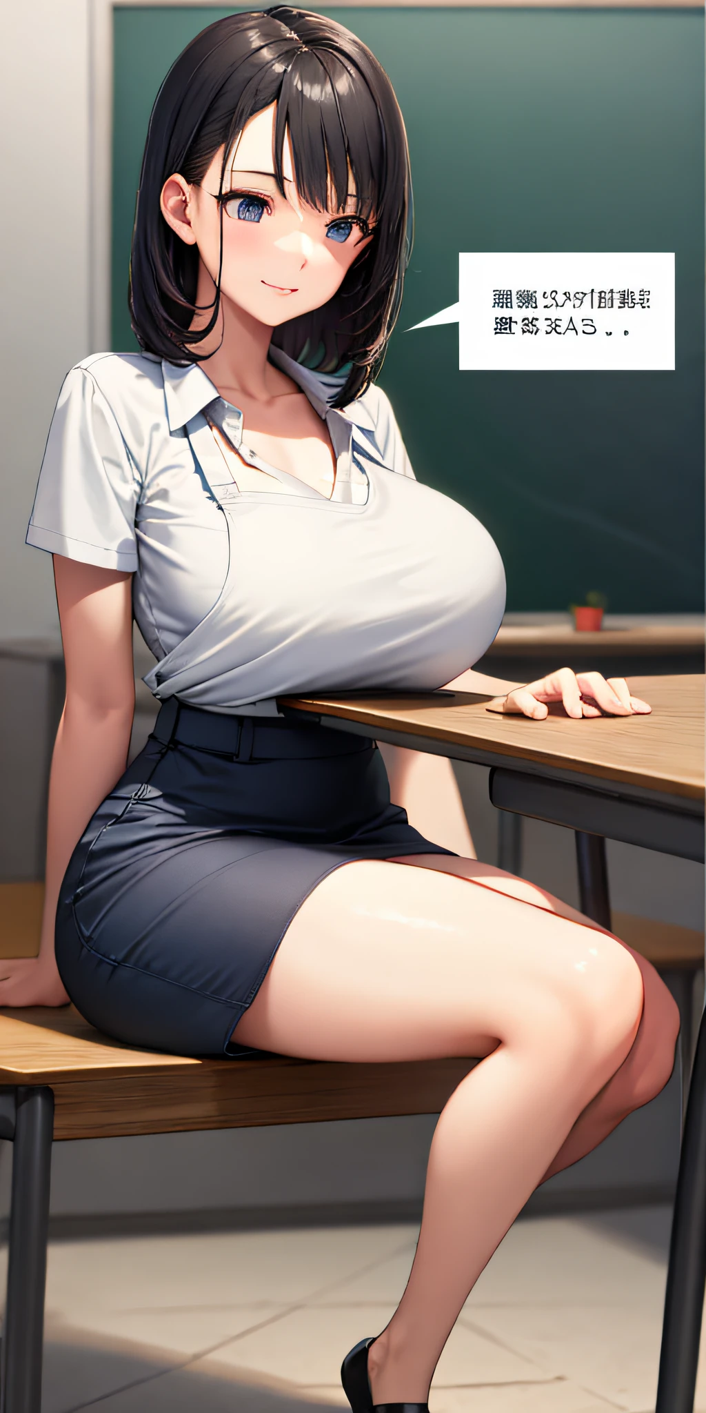 Realistic, Masterpiece, Top Quality, (Detailed Eyes), young Girl,  Full Body, Huge breast, open chest shirt, without wearing a bra, poke the breast, shy,  teacher, apron, crouching, half laugh